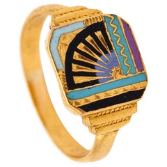 ART DECO 1935 Bague japonaise géométrique inhabituelle émaillée en or jaune 18 carats