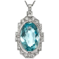 Vintage Art Deco, 1937, Aquamarine Brilliant Diamond Massive Platinum Pendant Necklace