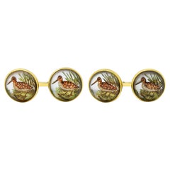 Gemelli Art Deco 1937 Essex dipinti in cristallo oro 14 carati Vintage Snipe Bird
