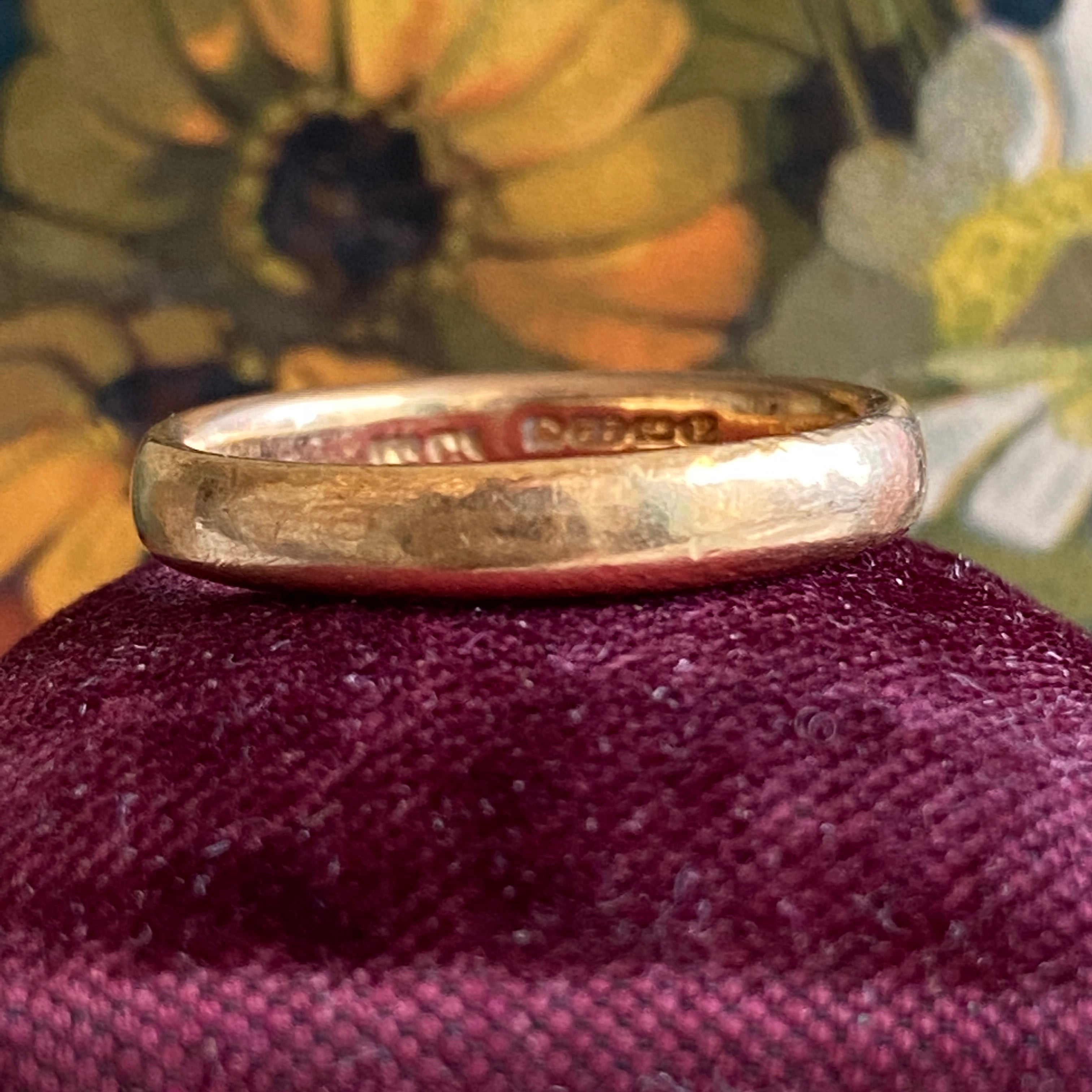 Details:
Art Deco chunky antique wedding band in heavy buttery 22K yellow gold! It is so lovely, and soft. It has a rounded fit, and is very comfortable on your hand. This band would pair nicely with a diamond band or another 22K ring! The ring has