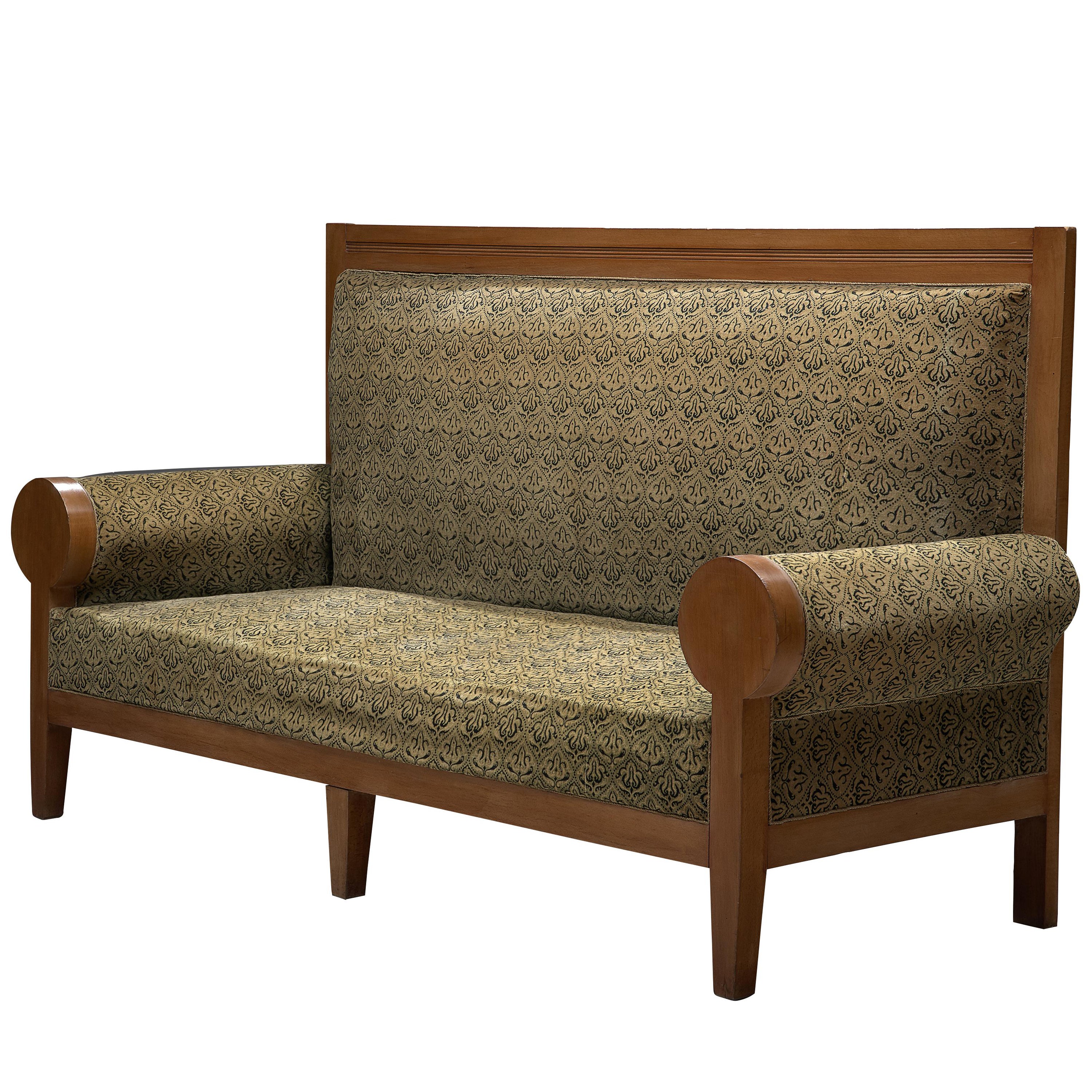 Art Deco 1940 2-Sitzer Sofa Settee Hohe Rückenlehne Olivgrüner Stoff Buche Wood