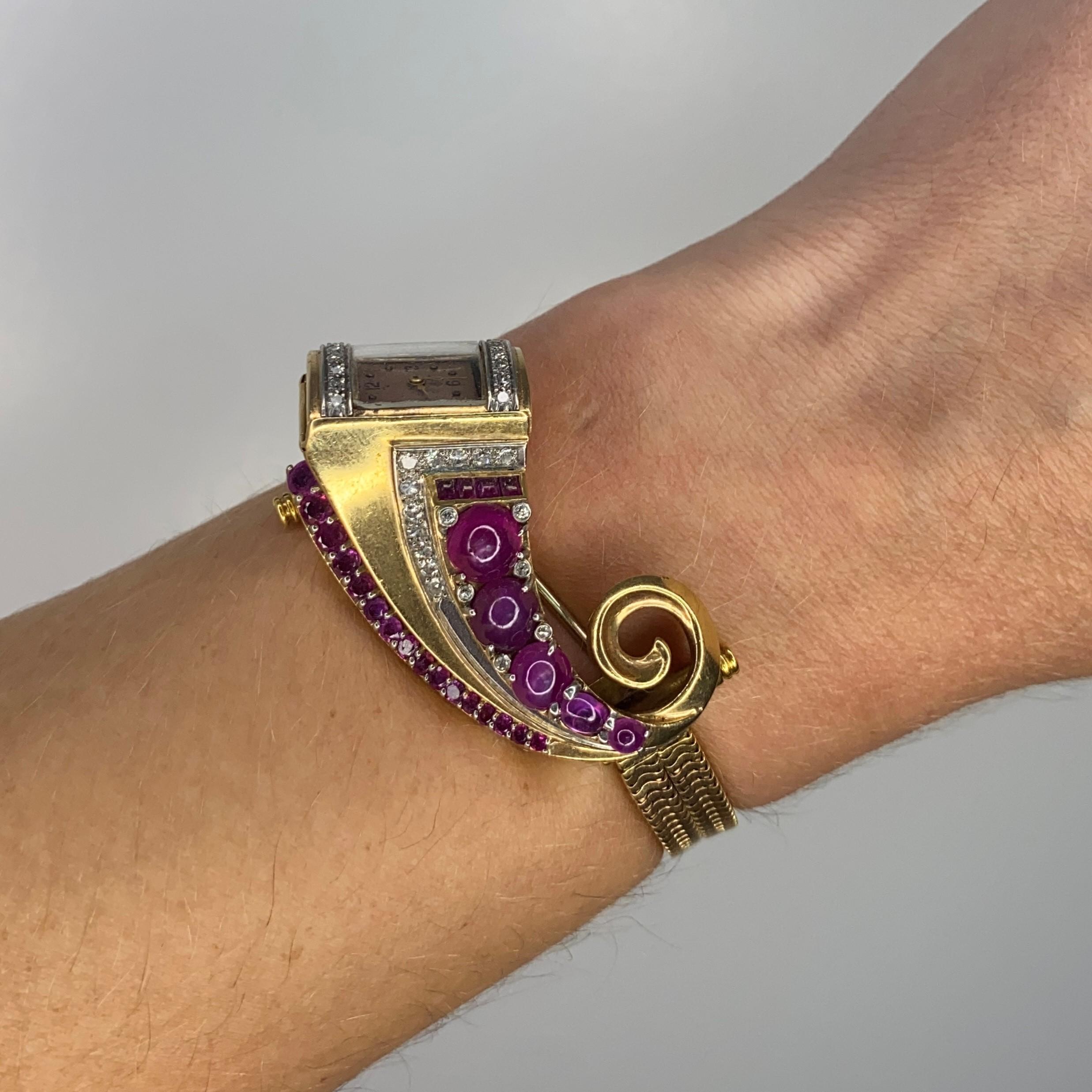 Art Deco 1940 Brooch Wristwatch 18Kt Gold Gia Certified 9.87 Ctw Diamonds Rubies For Sale 5