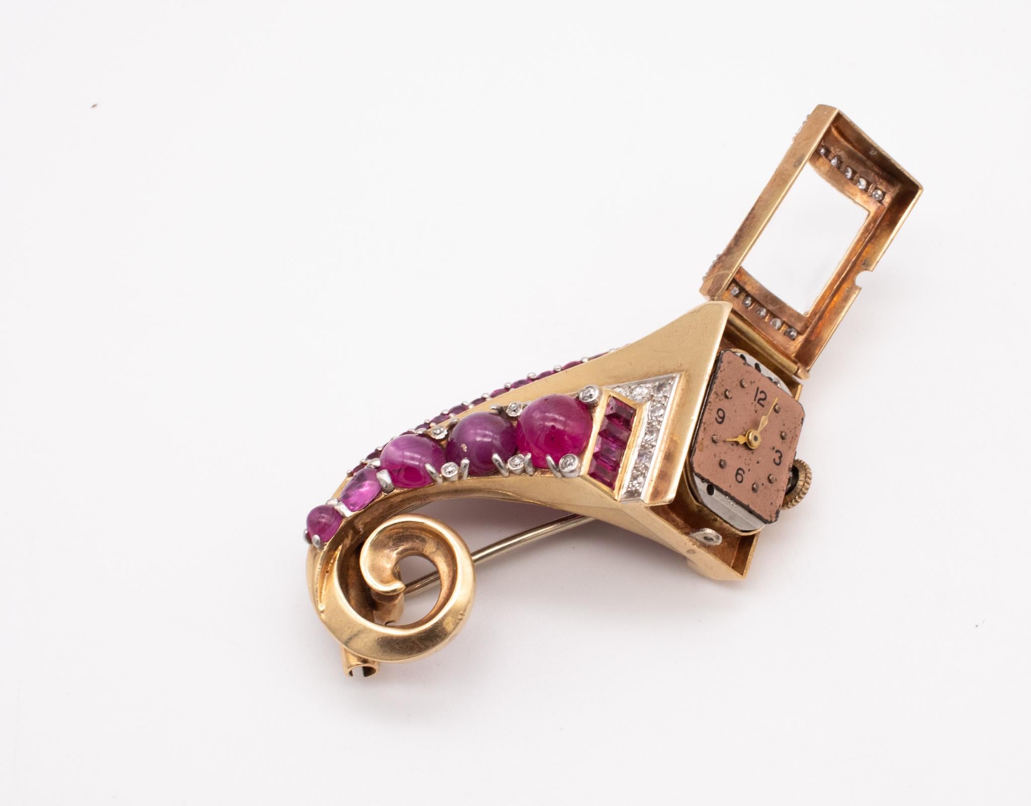 Art Deco 1940 Brooch Wristwatch 18Kt Gold Gia Certified 9.87 Ctw Diamonds Rubies In Excellent Condition For Sale In Miami, FL