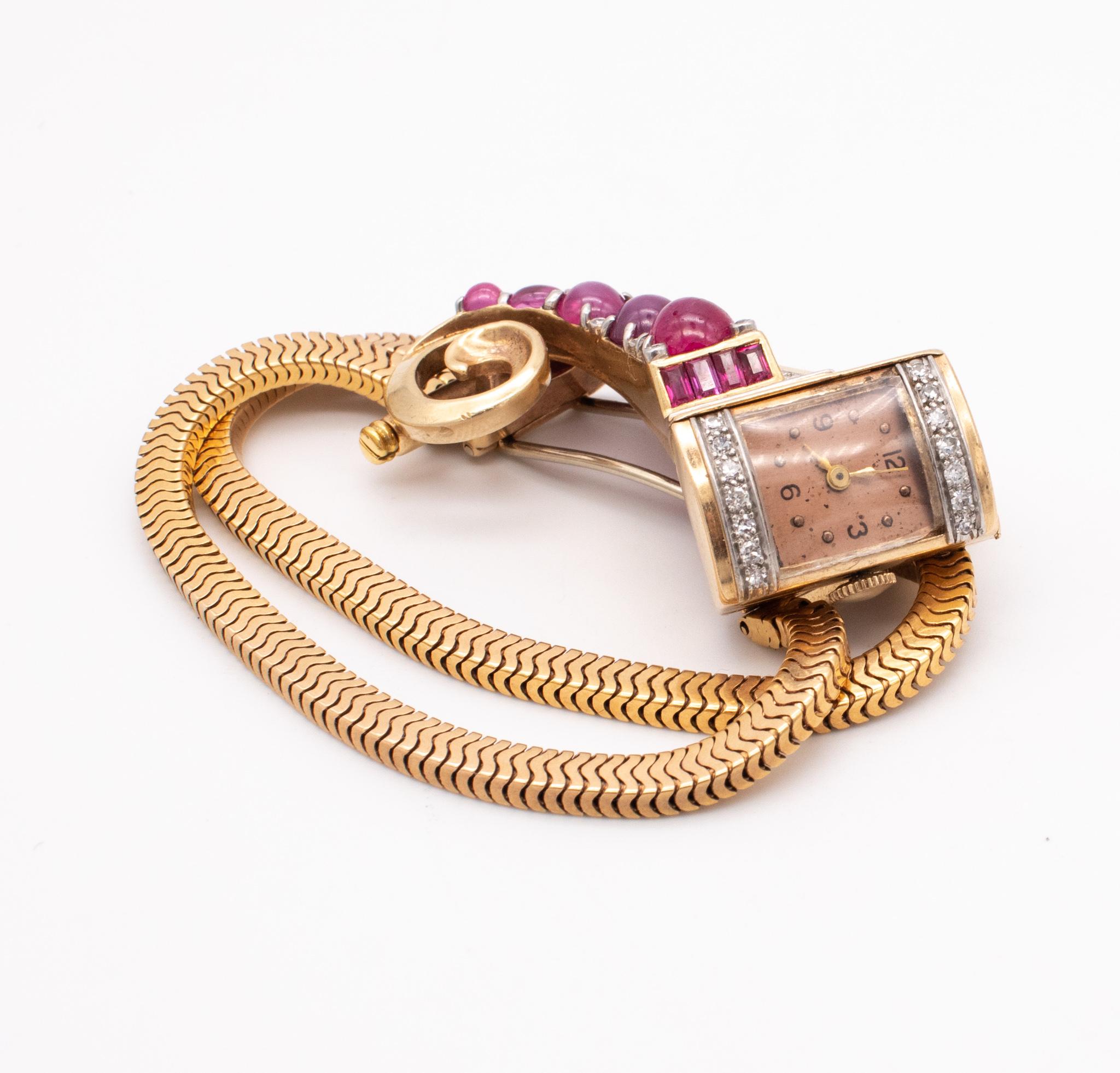 Women's Art Deco 1940 Brooch Wristwatch 18Kt Gold Gia Certified 9.87 Ctw Diamonds Rubies For Sale