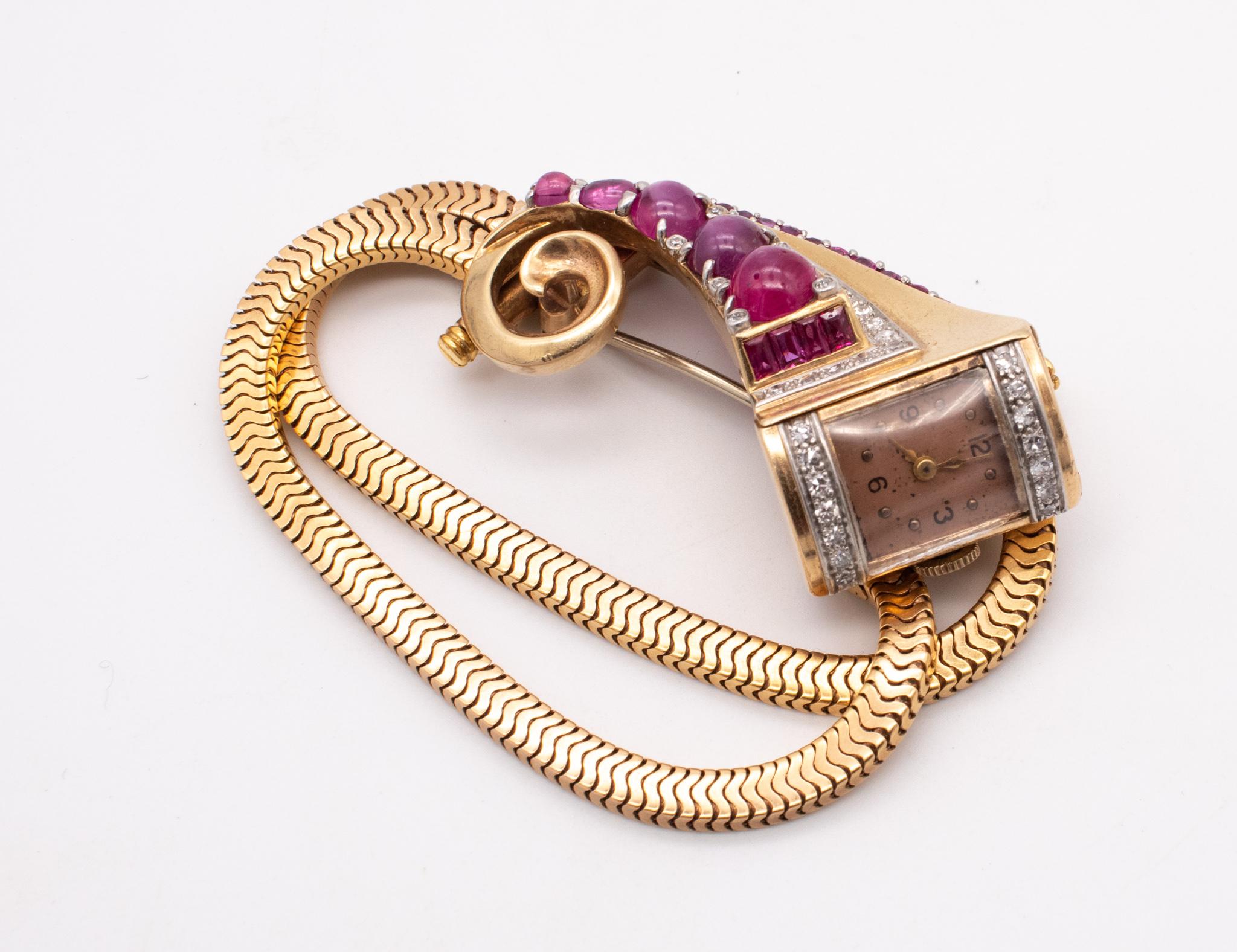 Art Deco 1940 Brooch Wristwatch 18Kt Gold Gia Certified 9.87 Ctw Diamonds Rubies For Sale 1
