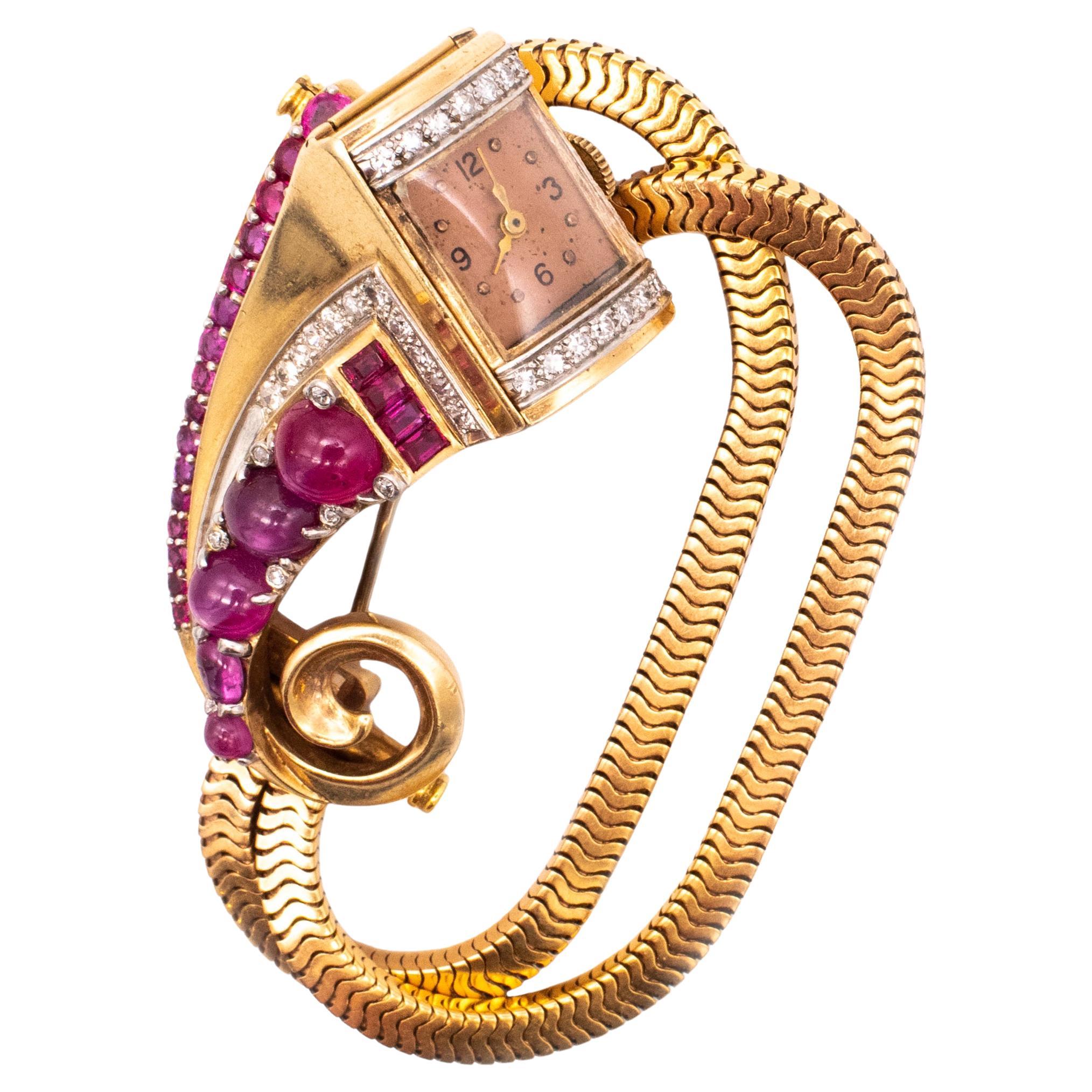 Art Deco 1940 Brooch Wristwatch 18Kt Gold Gia Certified 9.87 Ctw Diamonds Rubies For Sale