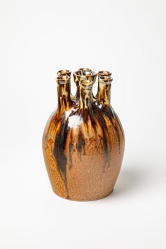 Vase à fleurs Art déco de 1940 par Joseph Talbot La Borne aux couleurs marron et noir 1/3