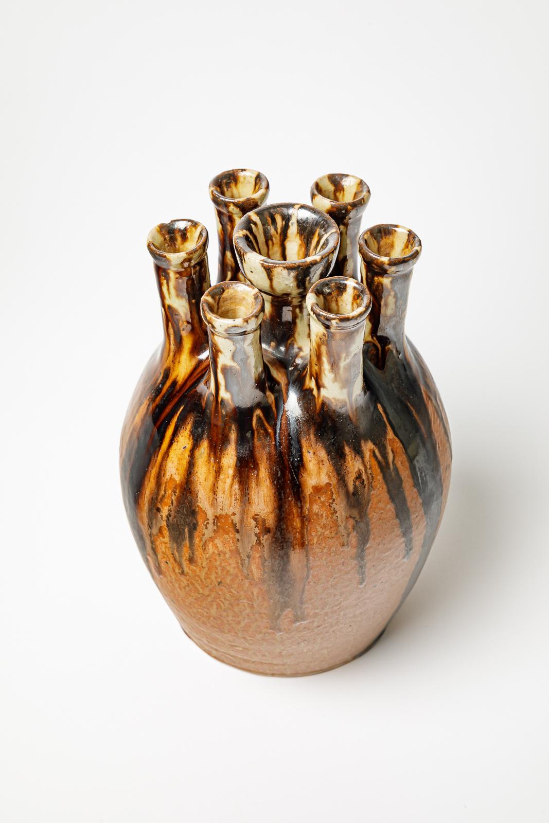 French Art Deco 1940 Flower Vase by Joseph Talbot La Borne Brown and Black Colors 1/3 For Sale