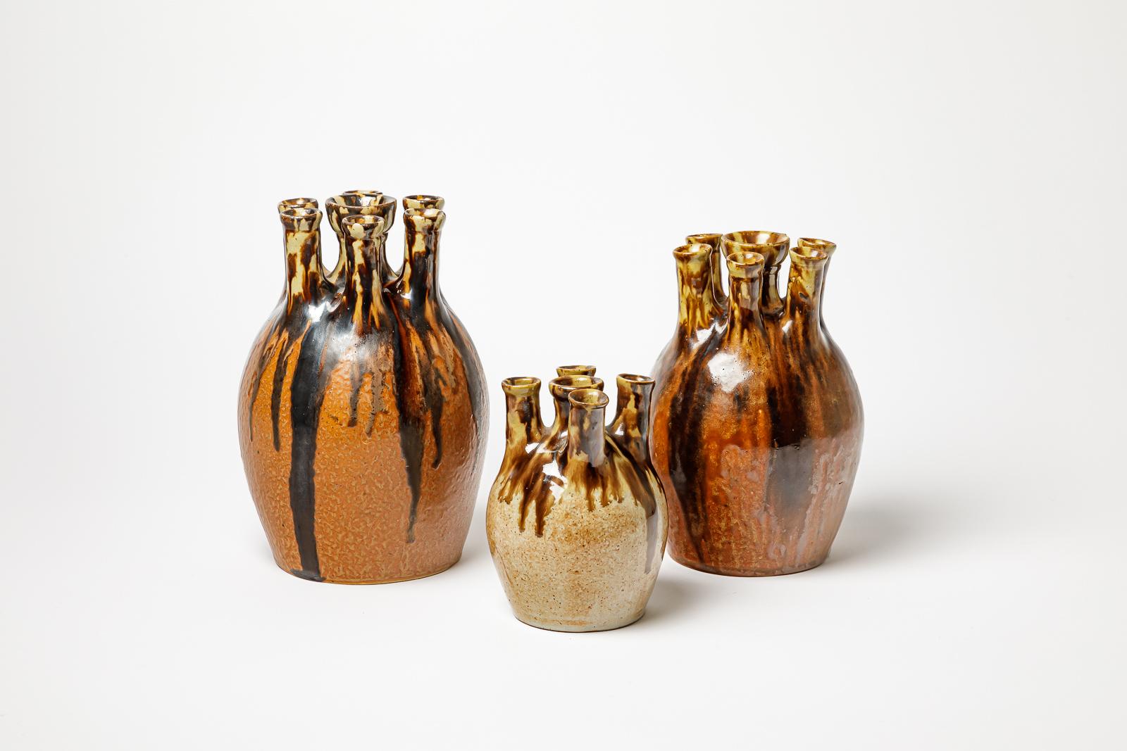 Vase à fleurs Art déco de 1940 par Joseph Talbot La Borne aux couleurs marron et noir 1/3 en vente 1