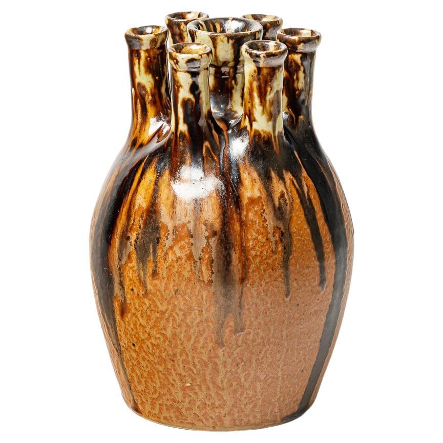 Art Deco 1940 Flower Vase by Joseph Talbot La Borne Brown and Black Colors 1/3 For Sale