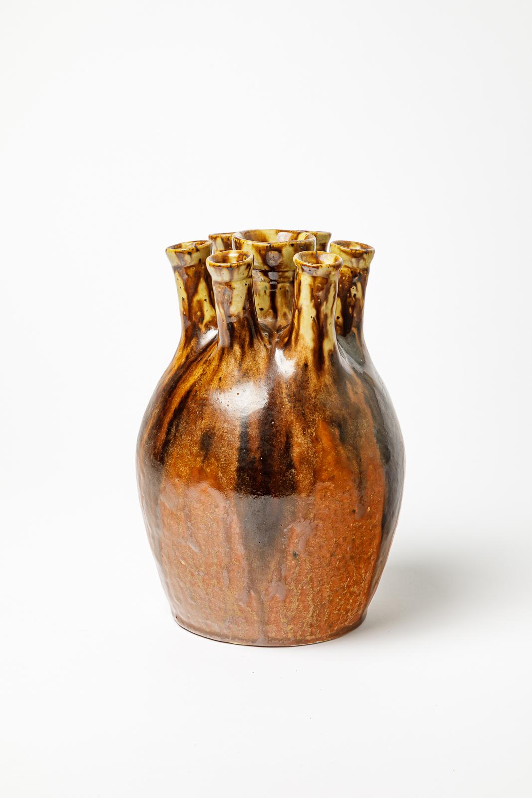 Français Vase à fleurs Art déco de 1940 par Joseph Talbot La Borne aux couleurs marron et noir 2/3 en vente