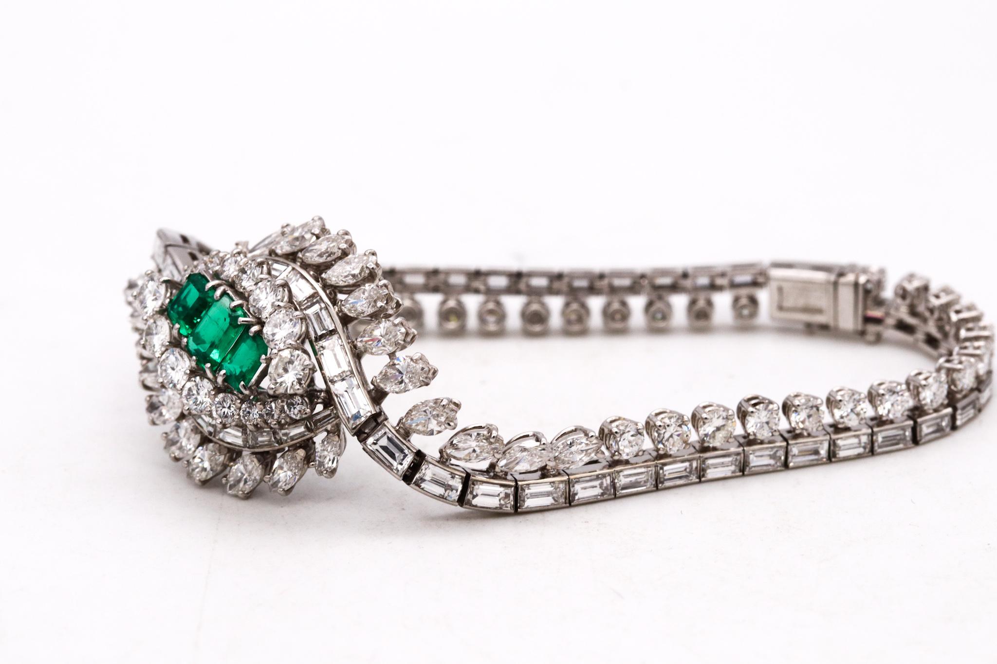 Art Deco 1940 Gia Certified Platinum Bracelet 16.62 Diamonds Colombian Emerald For Sale 6