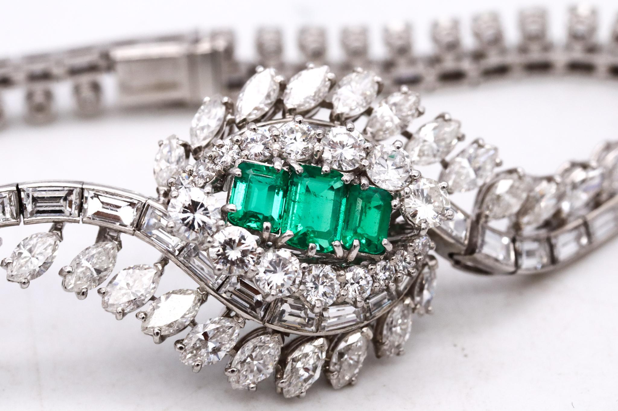 Art Deco 1940 Gia Certified Platinum Bracelet 16.62 Diamonds Colombian Emerald For Sale 7