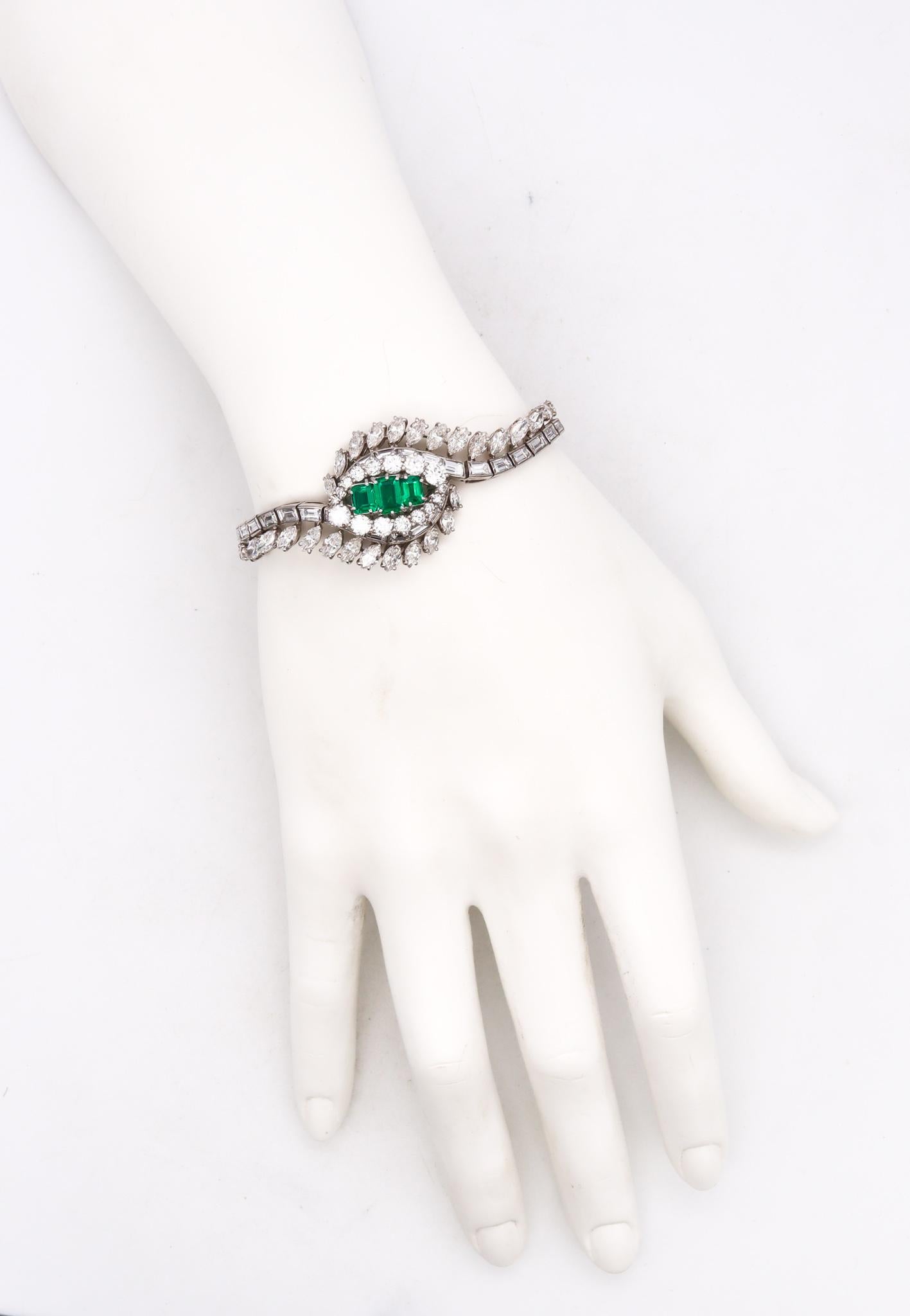 Art-Deco platinum bracelet with Diamonds and Emeralds. 

An important piece from the late American art deco period, circa 1940's. It was totally assembled and crafted in solid .900/.999 platinum with .100/.999 iridium and suited with a push box
