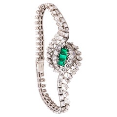 Vintage Art Deco 1940 Gia Certified Platinum Bracelet 16.62 Diamonds Colombian Emerald