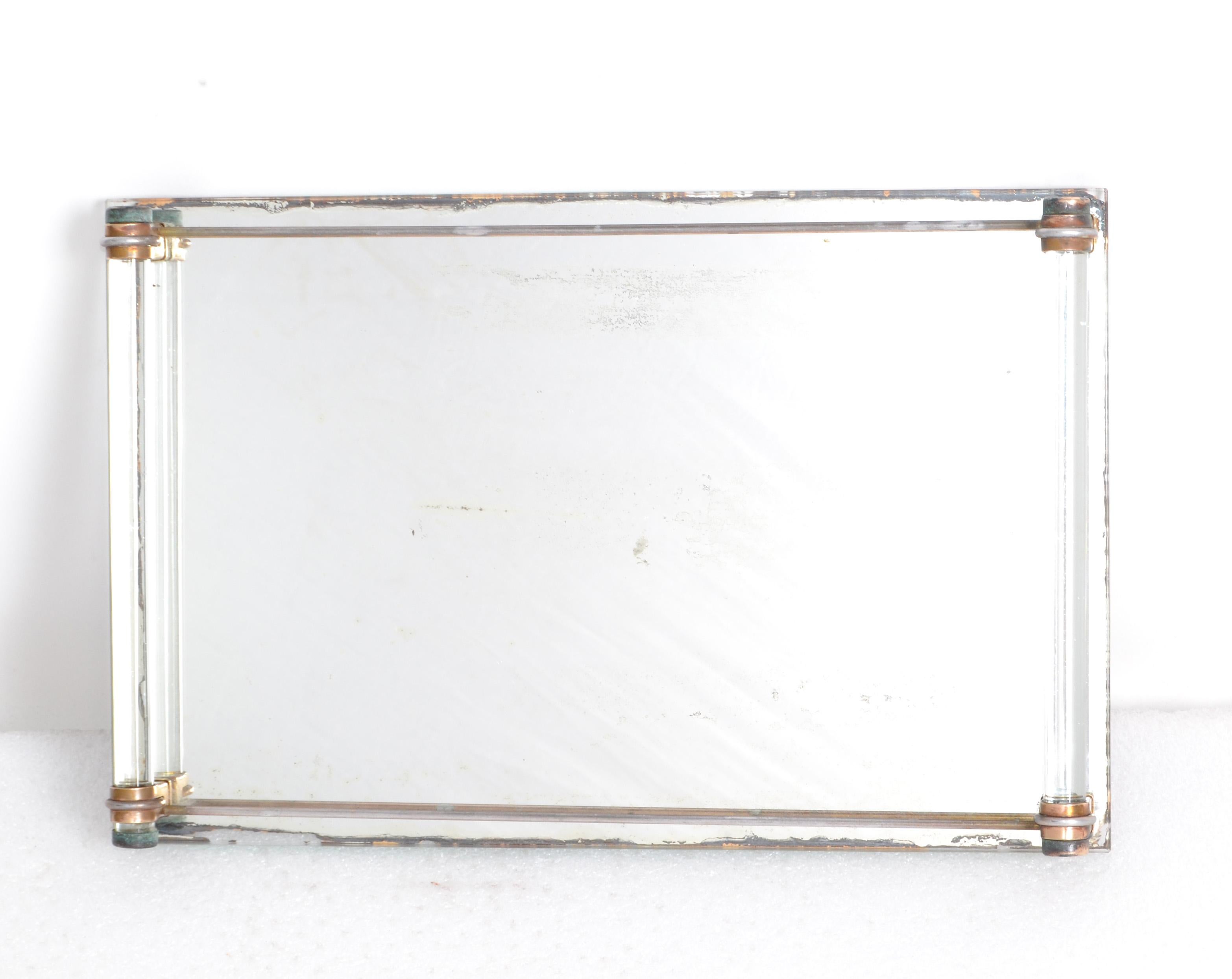 Art Deco 1940 Mirrored Glass Vanity Drink Serving Tray Copper Brass Metal France 5