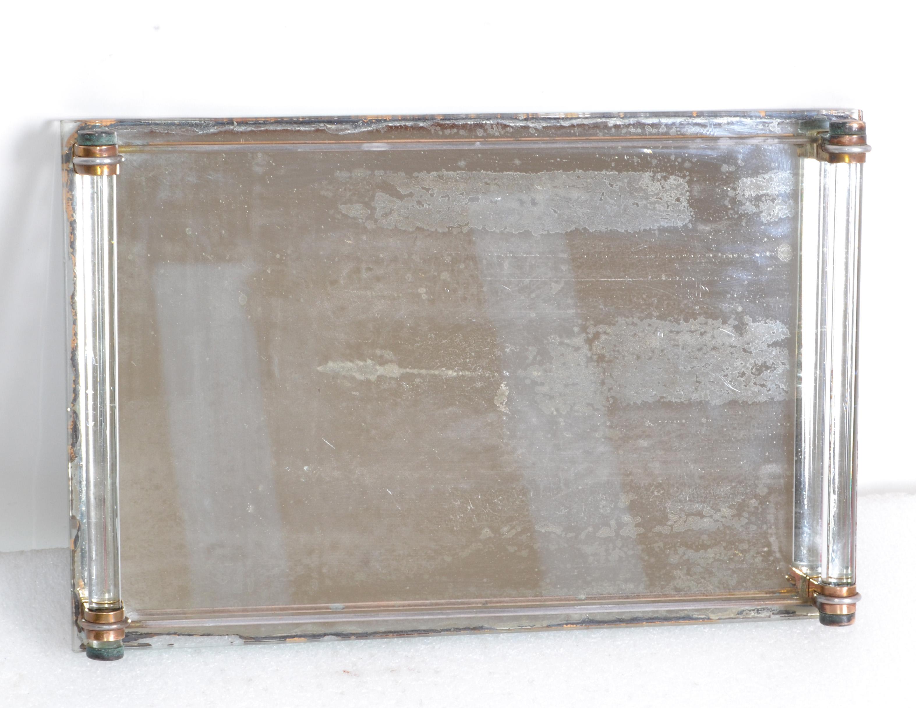 Art Deco 1940 Mirrored Glass Vanity Drink Serving Tray Copper Brass Metal France 6
