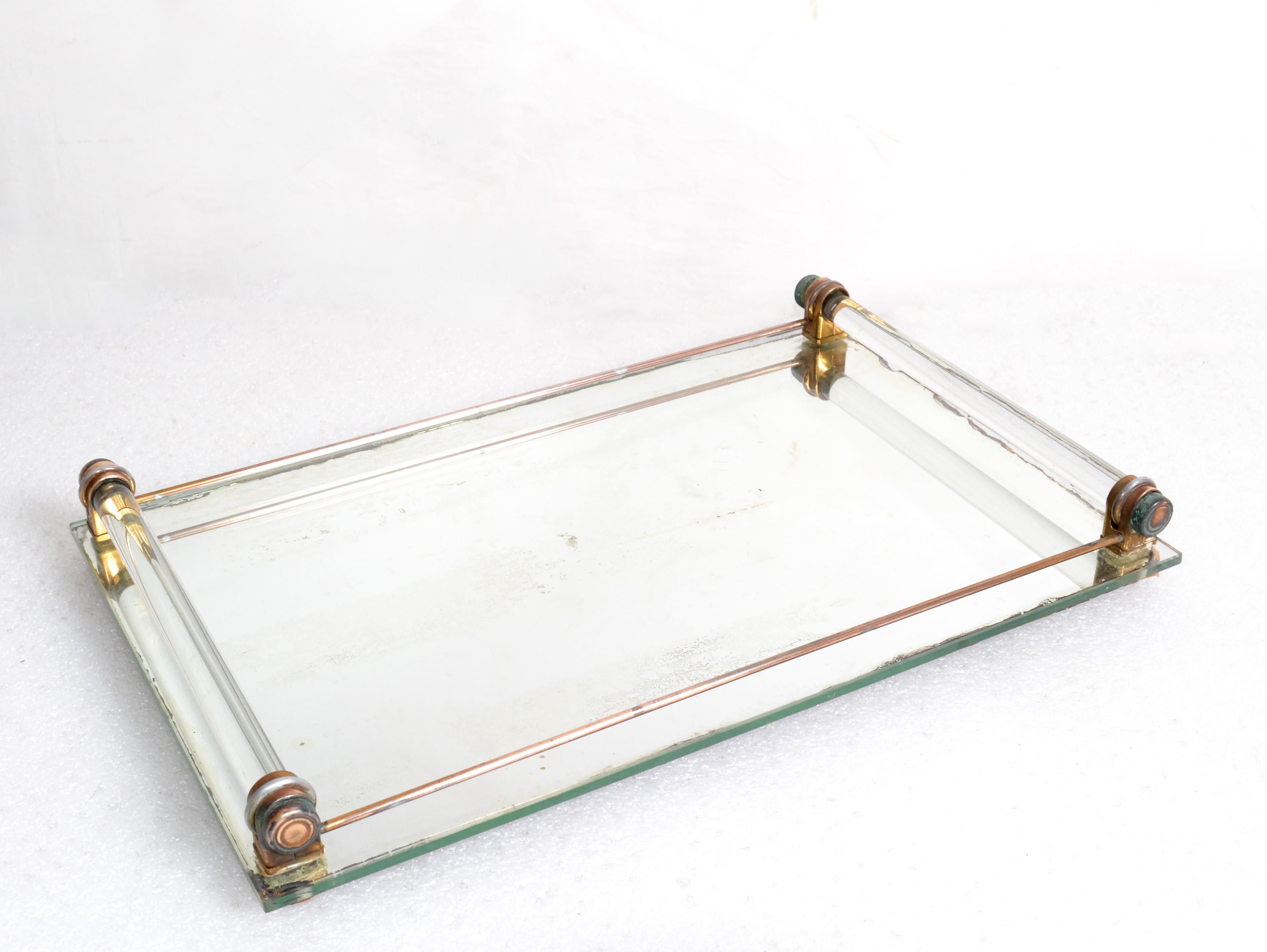 Art Deco 1940 Mirrored Glass Vanity Drink Serving Tray Copper Brass Metal France 11