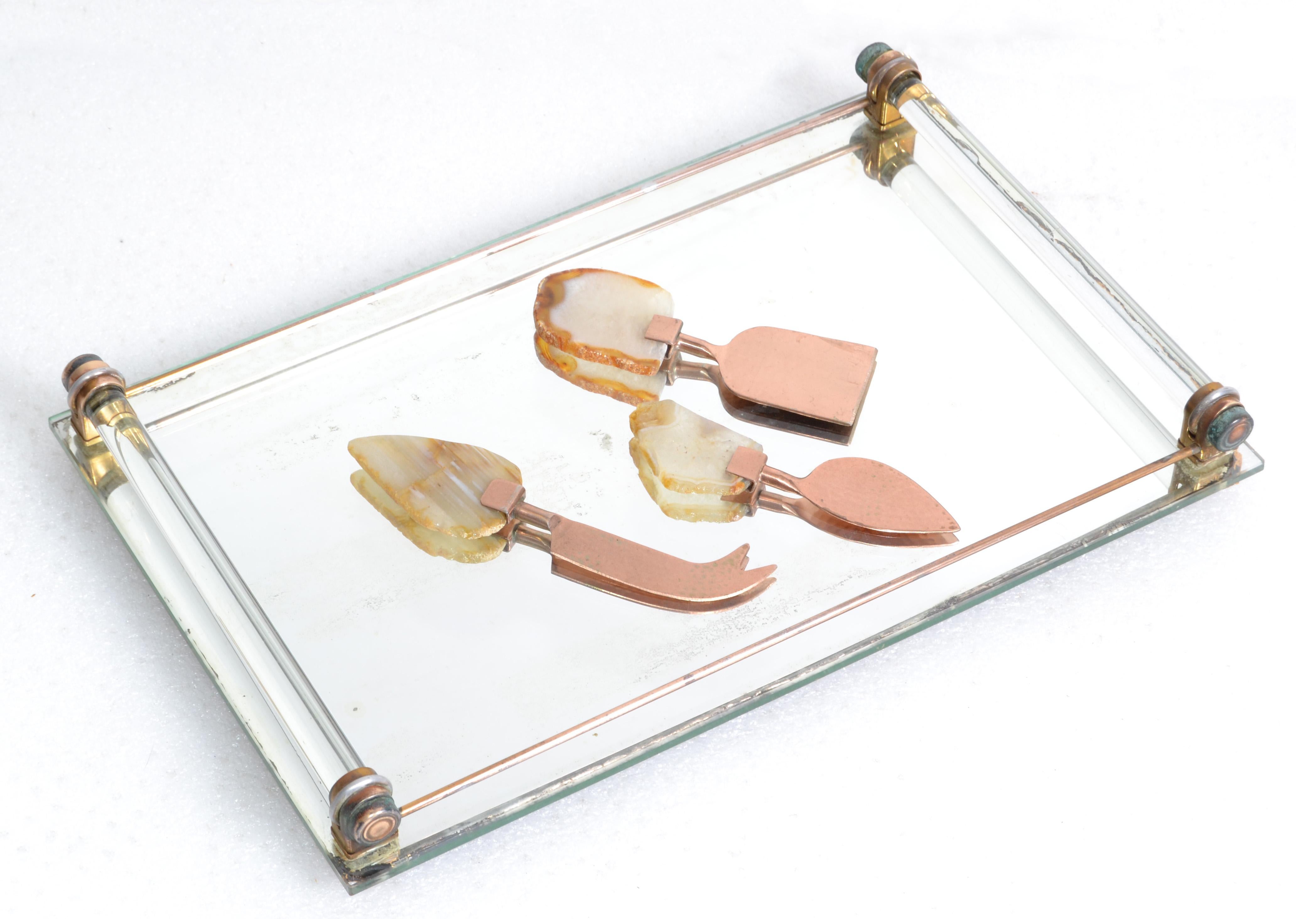 French Art Deco 1940 Mirrored Glass Vanity Drink Serving Tray Copper Brass Metal France