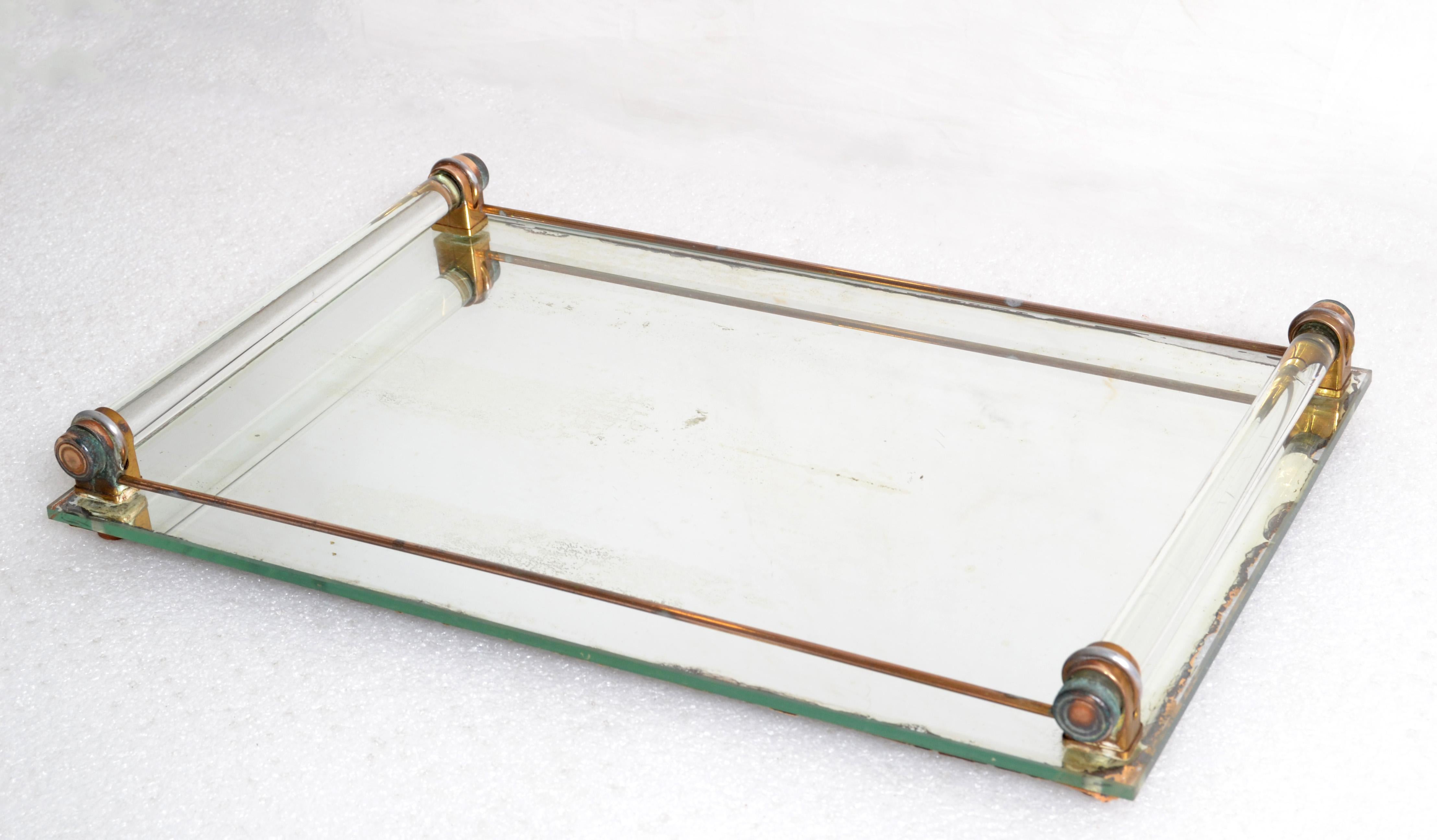 Mid-20th Century Art Deco 1940 Mirrored Glass Vanity Drink Serving Tray Copper Brass Metal France