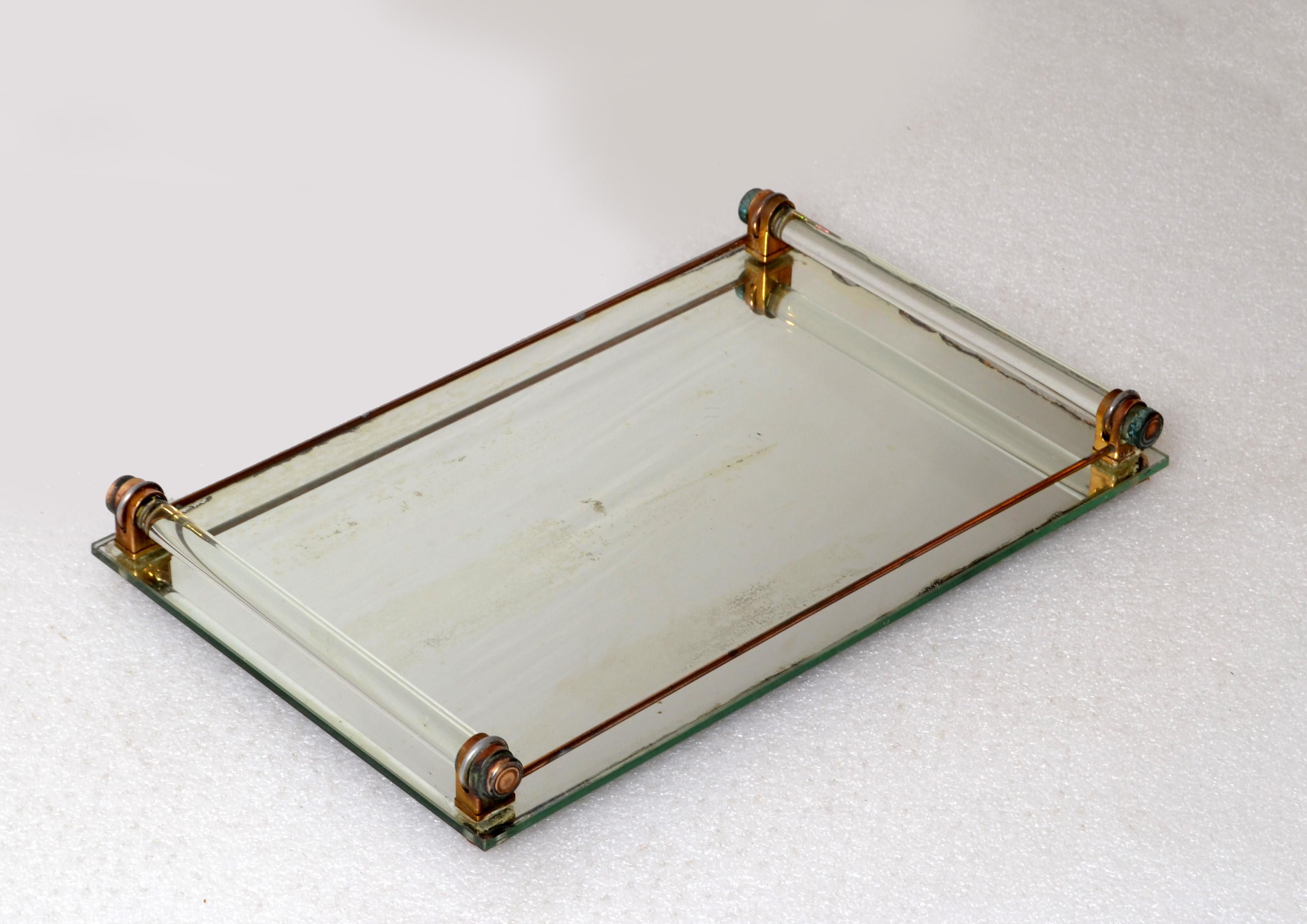 Art Deco 1940 Mirrored Glass Vanity Drink Serving Tray Copper Brass Metal France 3