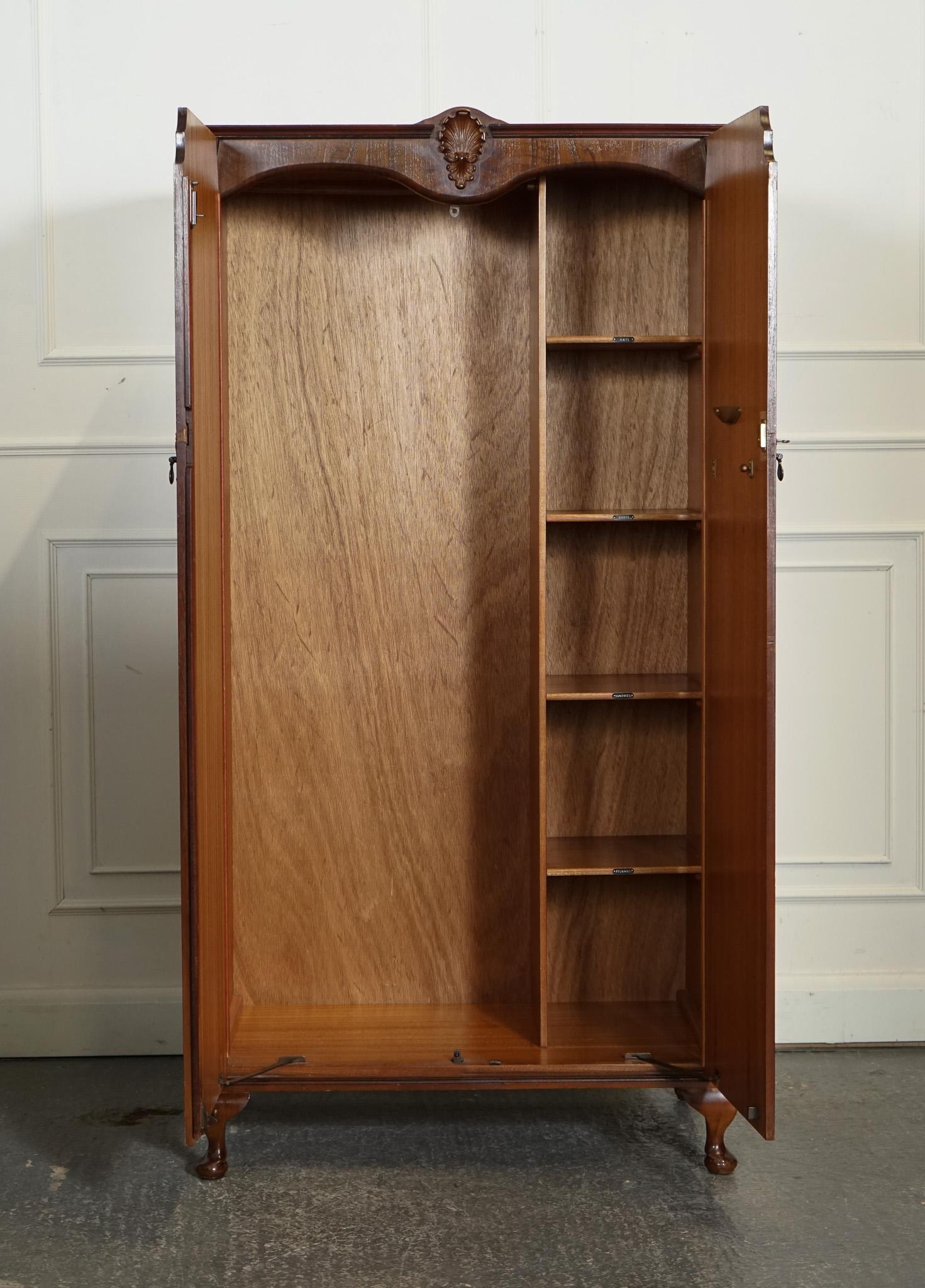 20th Century ART DECO 1940 MONTROSE FLAMED MAHOGANY WARDROBE RAiSED QUEEN ANNE LEGS