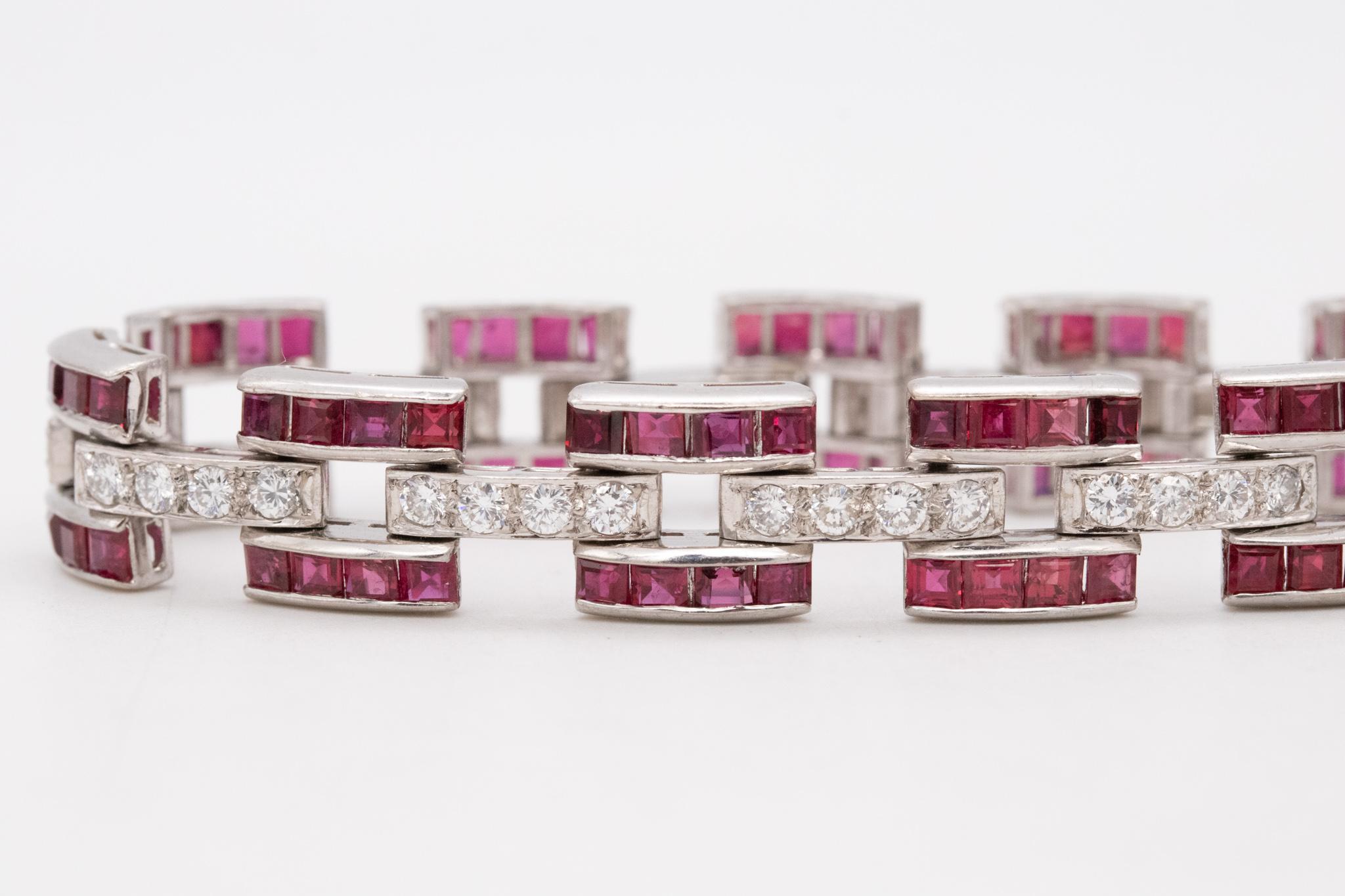 Mixed Cut Art Deco 1940 Platinum Bracelet with 13.97 Cts in Burma Rubies and Diamonds