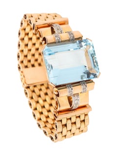 ART-DECO 1940 Bracciale retrò in oro 18Kt con acquamarine e diamanti da 61,84 Ctw