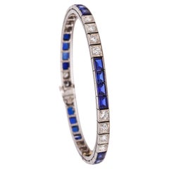 Art Deco 1940 Riviera Bracelet in 14Kt Gold with 9.26 Cts Diamonds & Blue Spinel