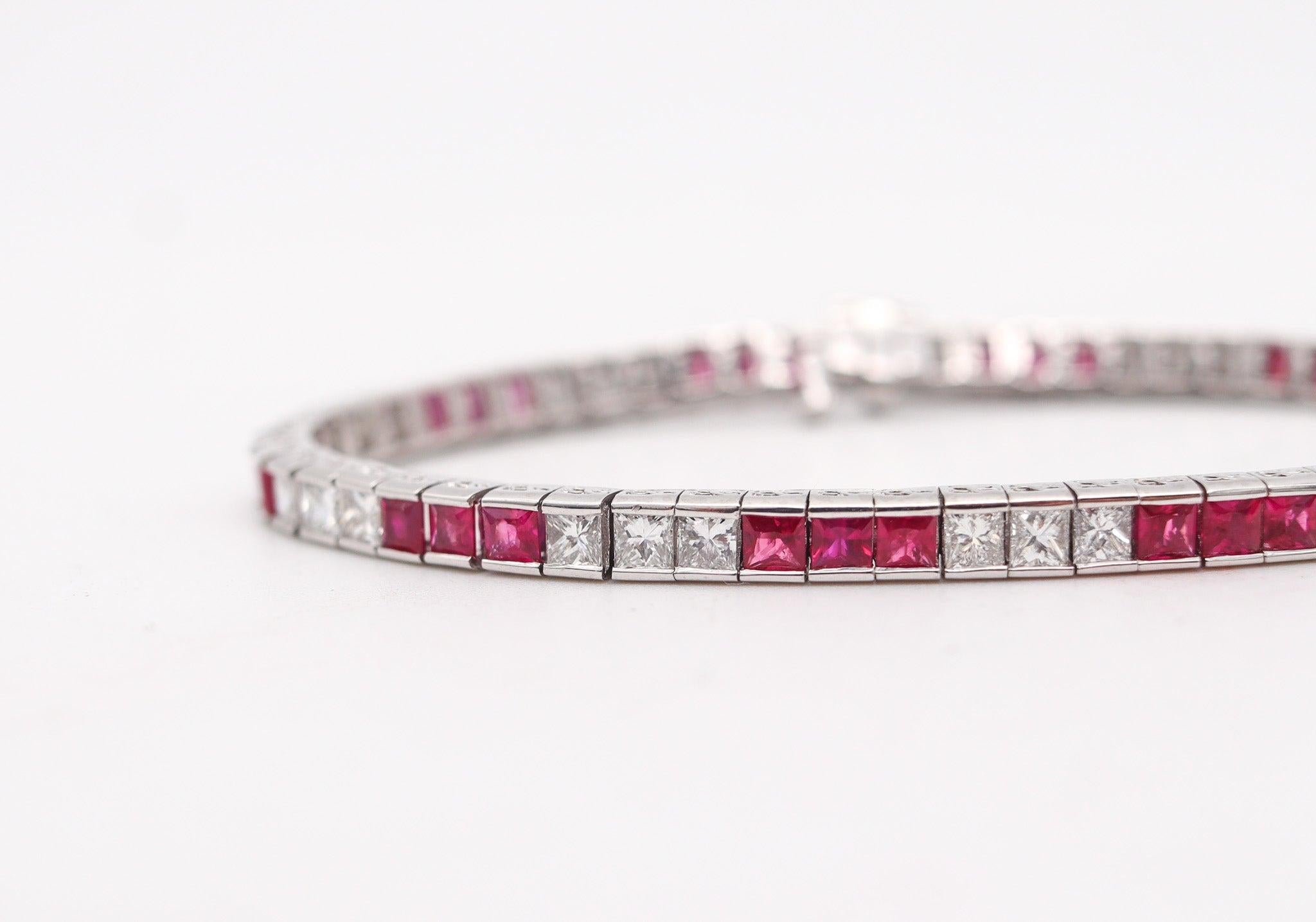 French Cut ART DECO 1940 Riviera Bracelet In Platinum With 12.30 Ctw In Diamonds & Rubies For Sale