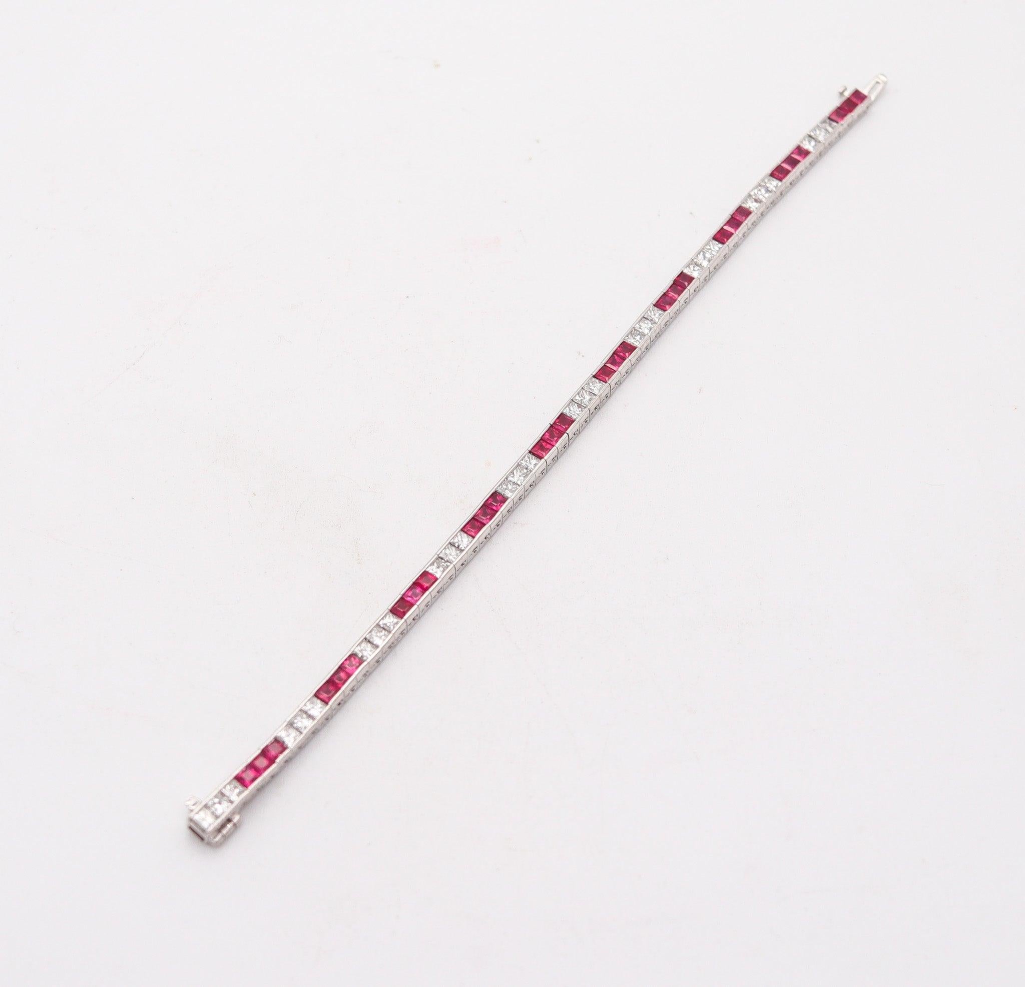Women's ART DECO 1940 Riviera Bracelet In Platinum With 12.30 Ctw In Diamonds & Rubies For Sale