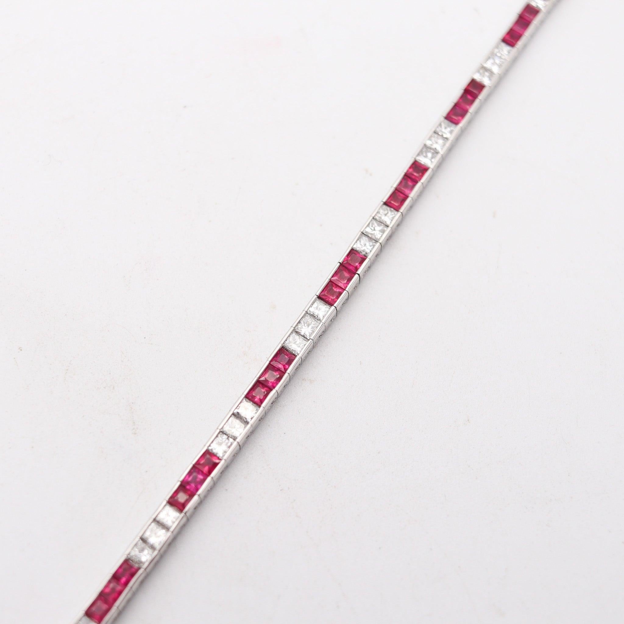 ART DECO 1940 Riviera Bracelet In Platinum With 12.30 Ctw In Diamonds & Rubies For Sale 1