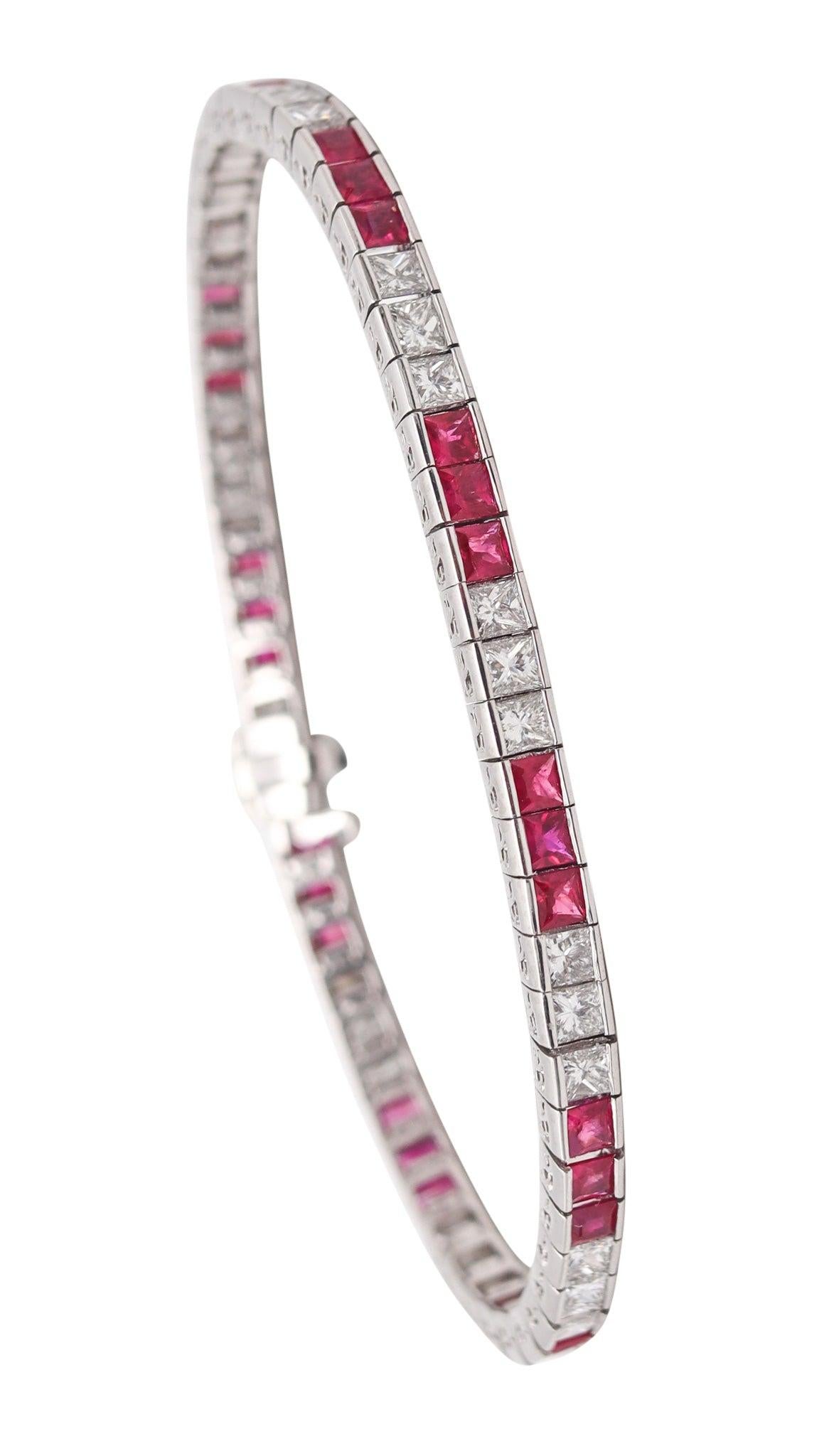 ART DECO 1940 Riviera Bracelet In Platinum With 12.30 Ctw In Diamonds & Rubies For Sale