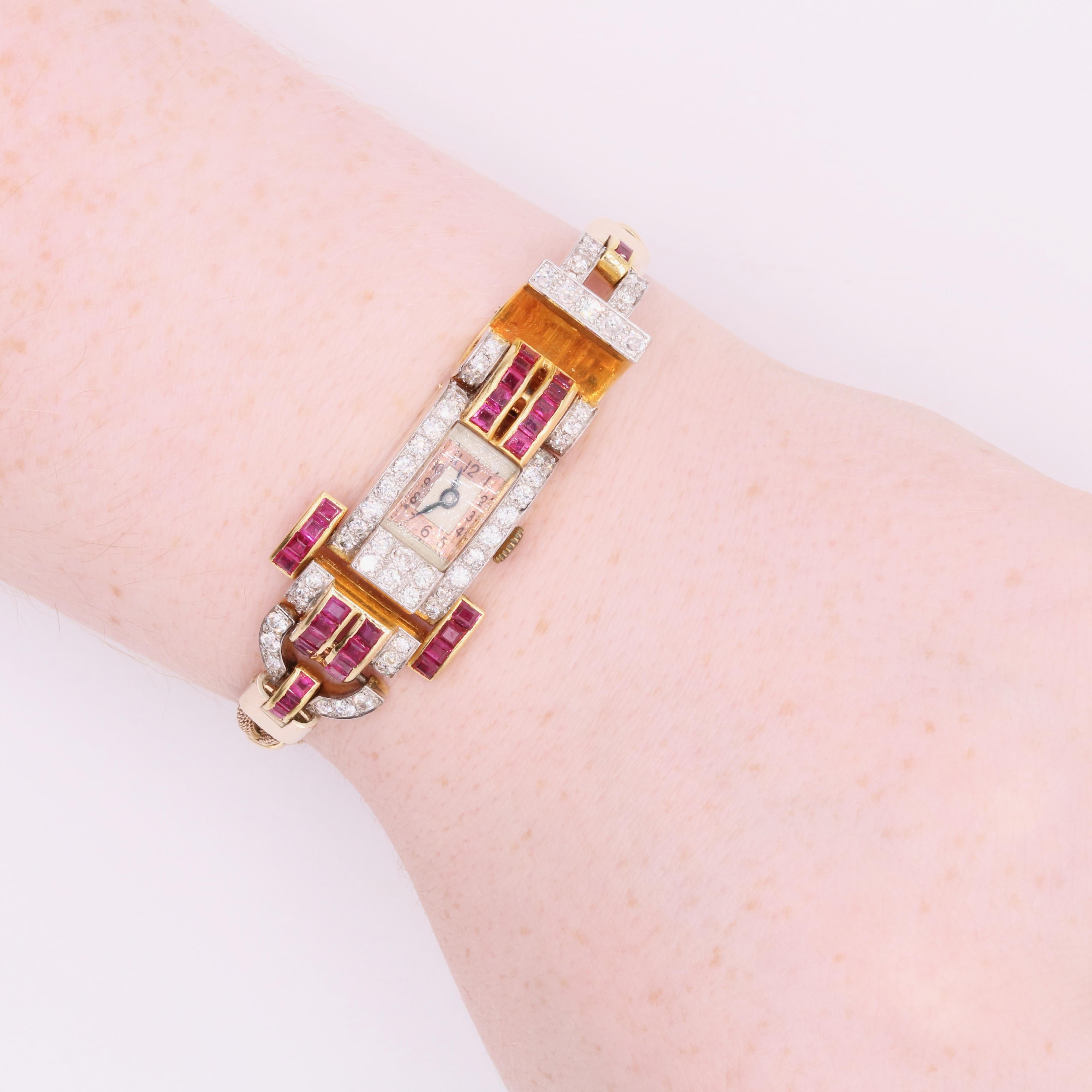 Art Deco 1940er Jahre 18K Gold & Platin 3,09tgw Rubin & Diamant Tank Cocktail-Uhr 4
