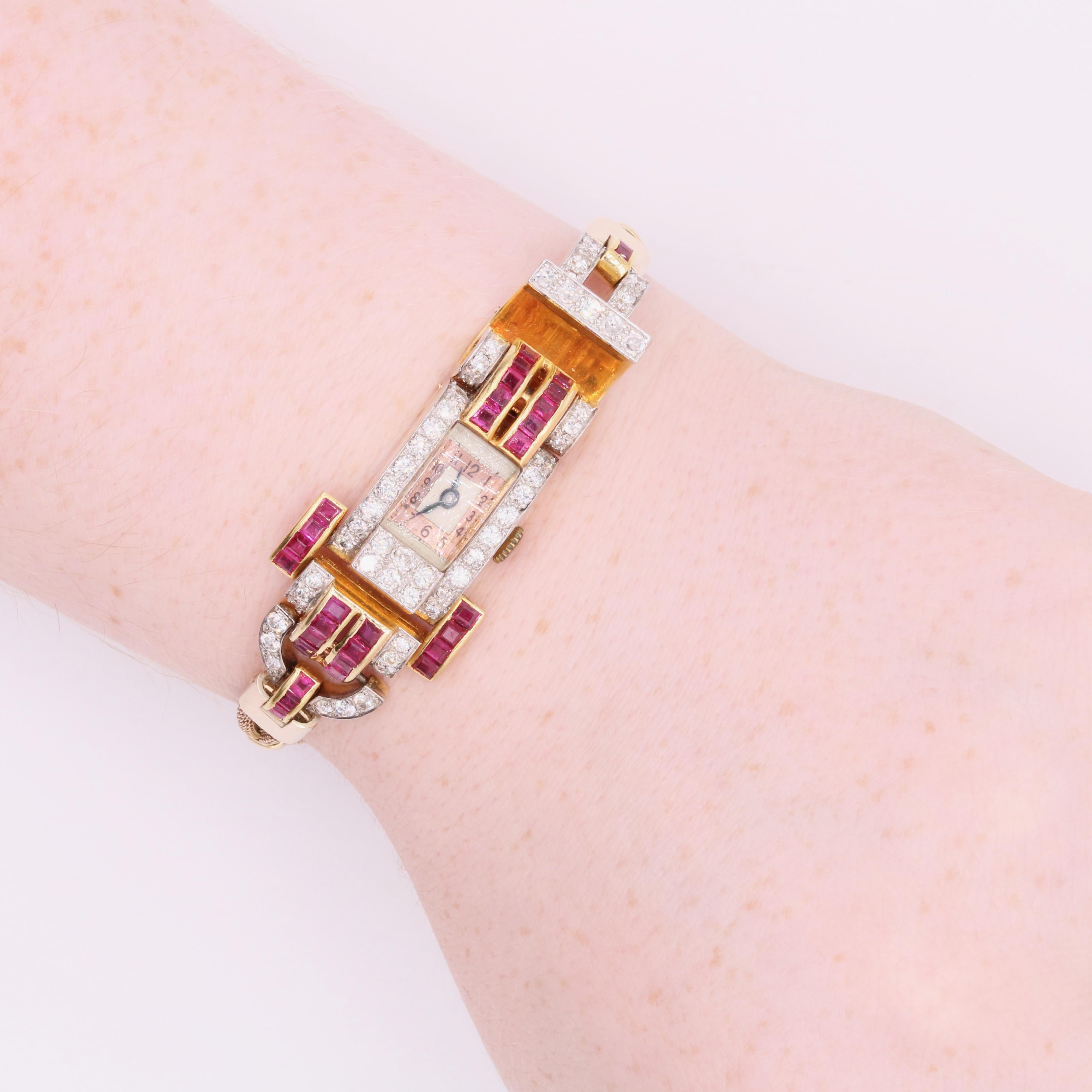 Art Deco 1940s 18K Gold & Platinum 3.09tgw Ruby & Diamond Tank Cocktail Watch For Sale 5