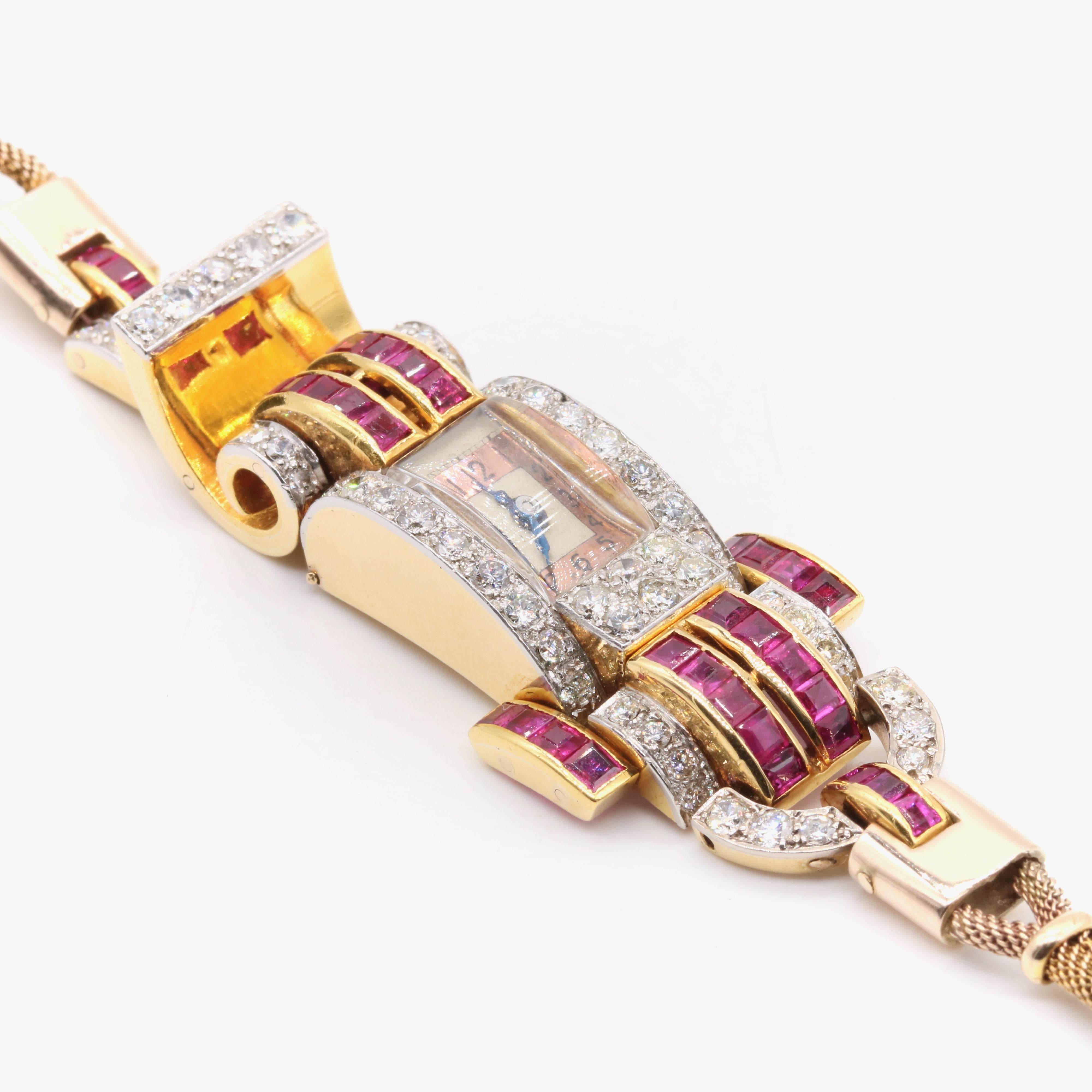 Art Deco 1940s 18K Gold & Platinum 3.09tgw Ruby & Diamond Tank Cocktail Watch In Good Condition For Sale In Staines-Upon-Thames, GB