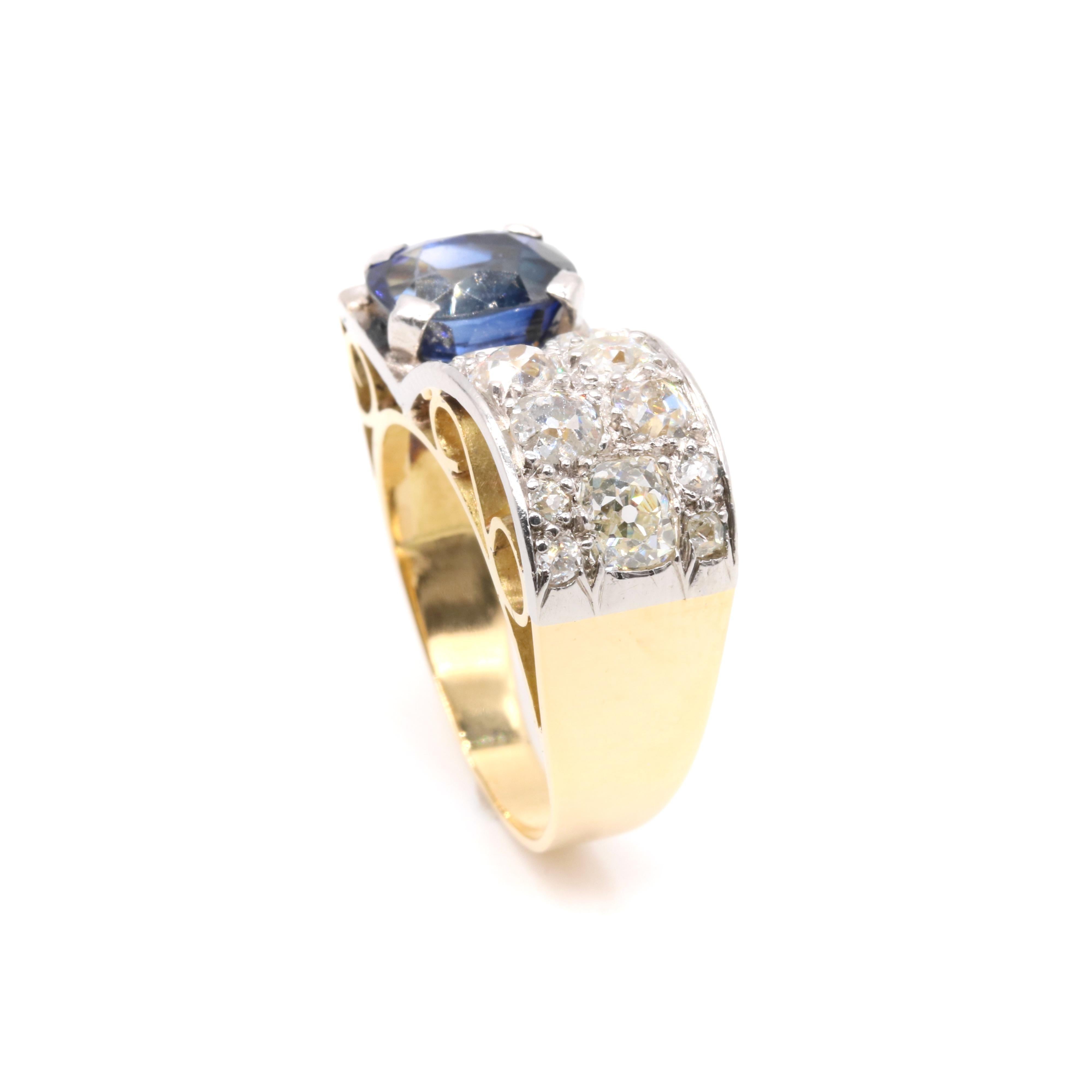 Art Deco 1940s 18K Gold & Platinum 4.78tgw Sapphire and Diamond Tank Ring For Sale 6