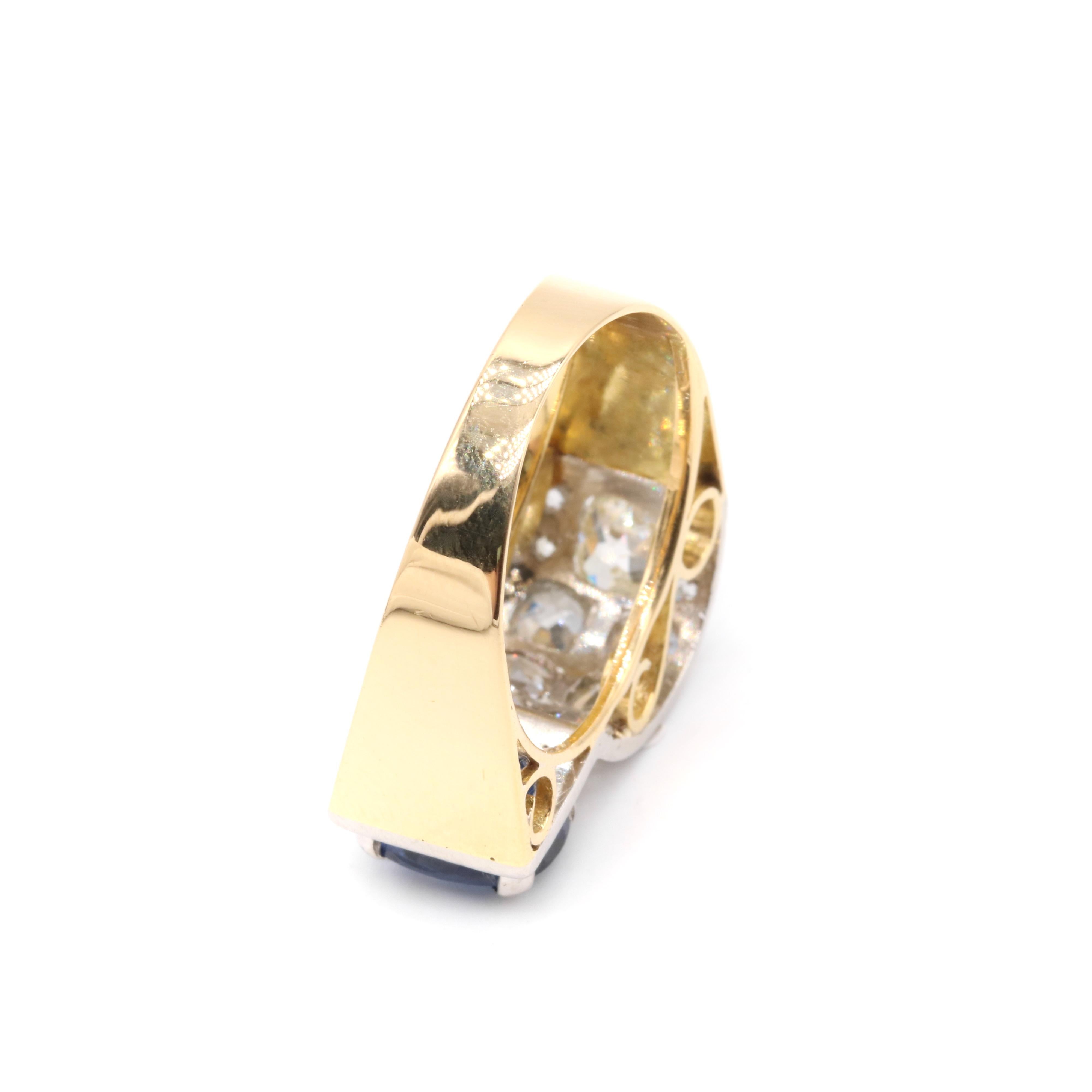 Art Deco 1940s 18K Gold & Platinum 4.78tgw Sapphire and Diamond Tank Ring For Sale 7