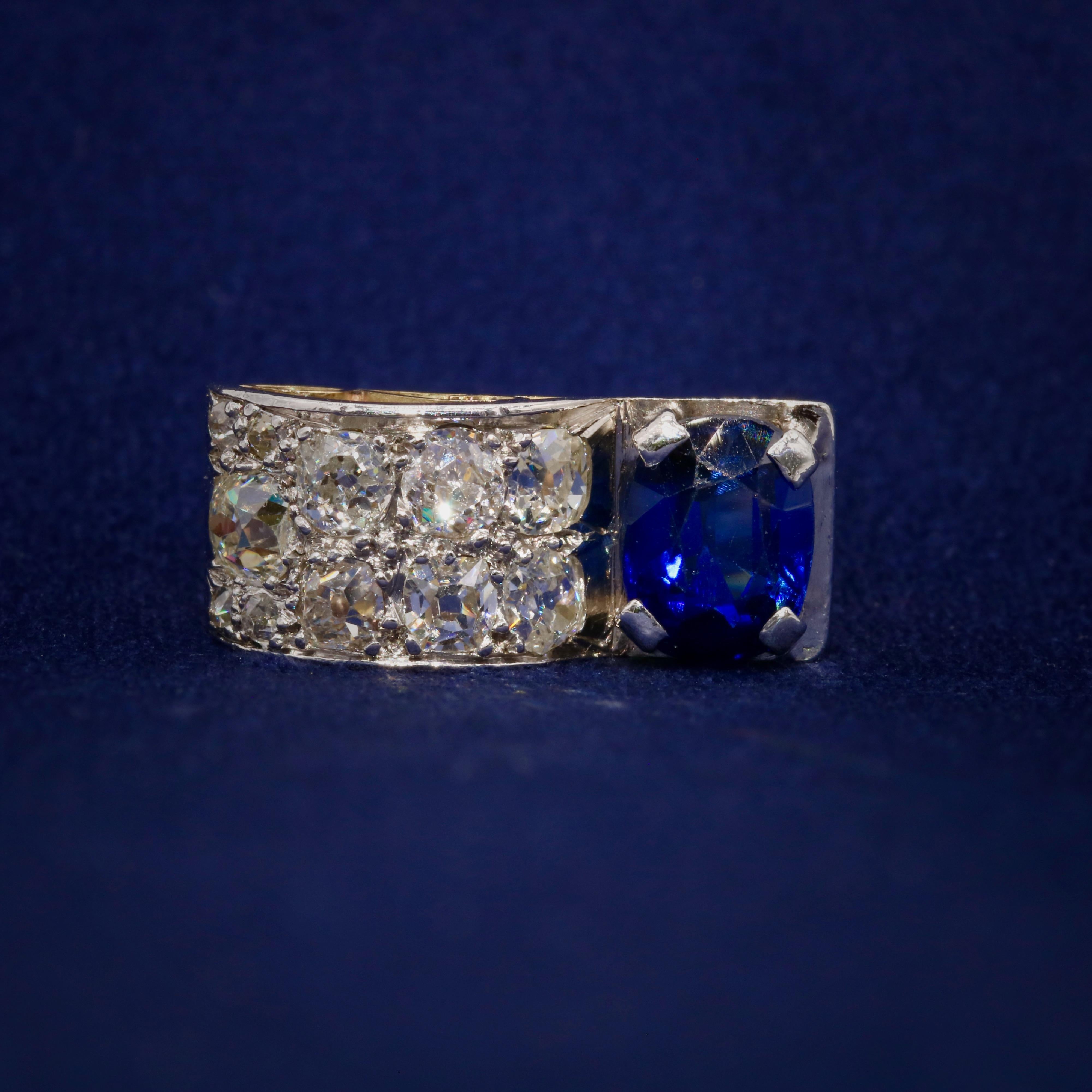 Art Deco 1940s 18K Gold & Platinum 4.78tgw Sapphire and Diamond Tank Ring In Good Condition For Sale In Staines-Upon-Thames, GB
