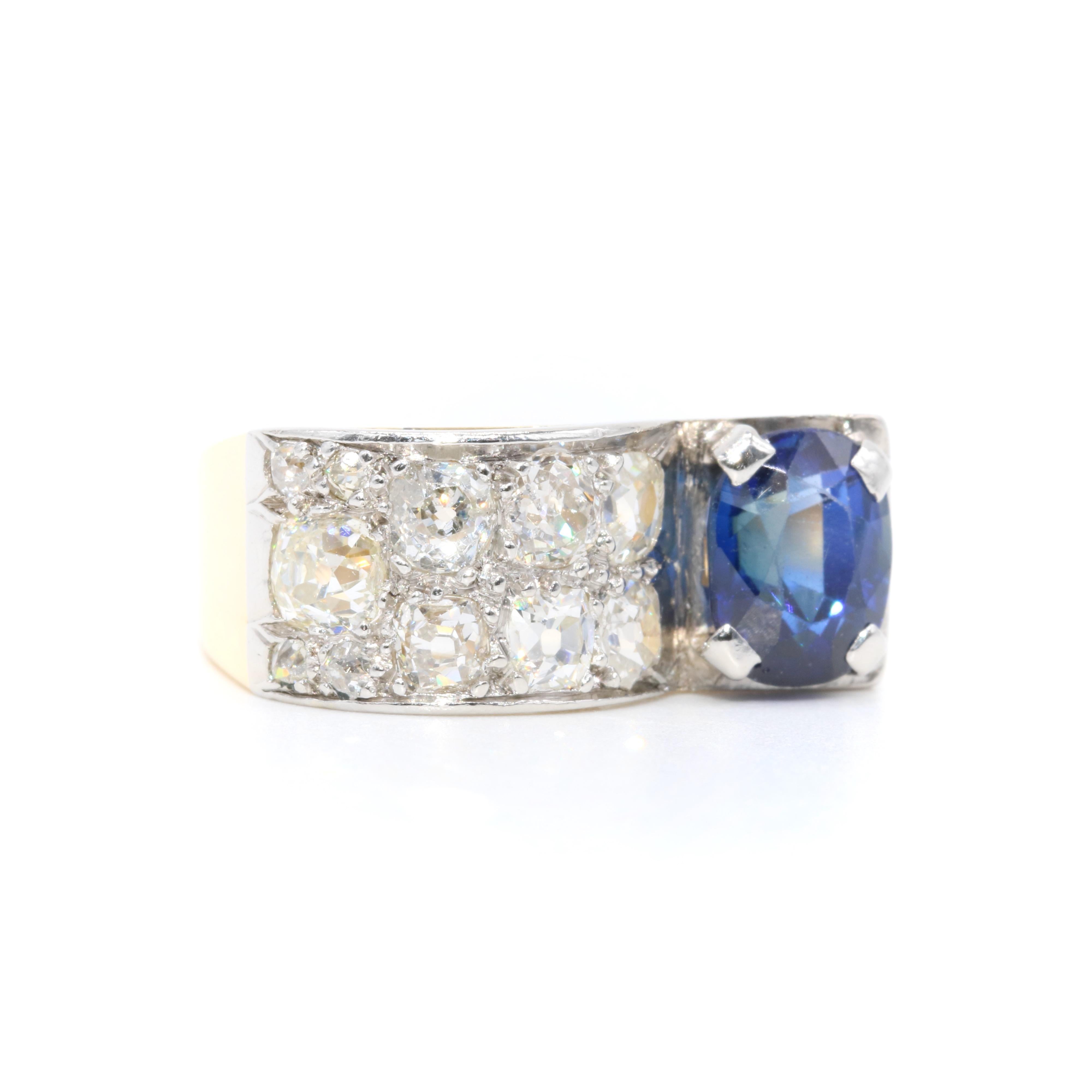 Art Deco 1940s 18K Gold & Platinum 4.78tgw Sapphire and Diamond Tank Ring For Sale 1