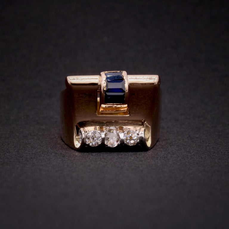 Bague Solitaire Art Déco - Or 18k Jaune - Saphir Synthétique Bleu 1,10 Carats Et Diamant - Taille 53 - Années 1940