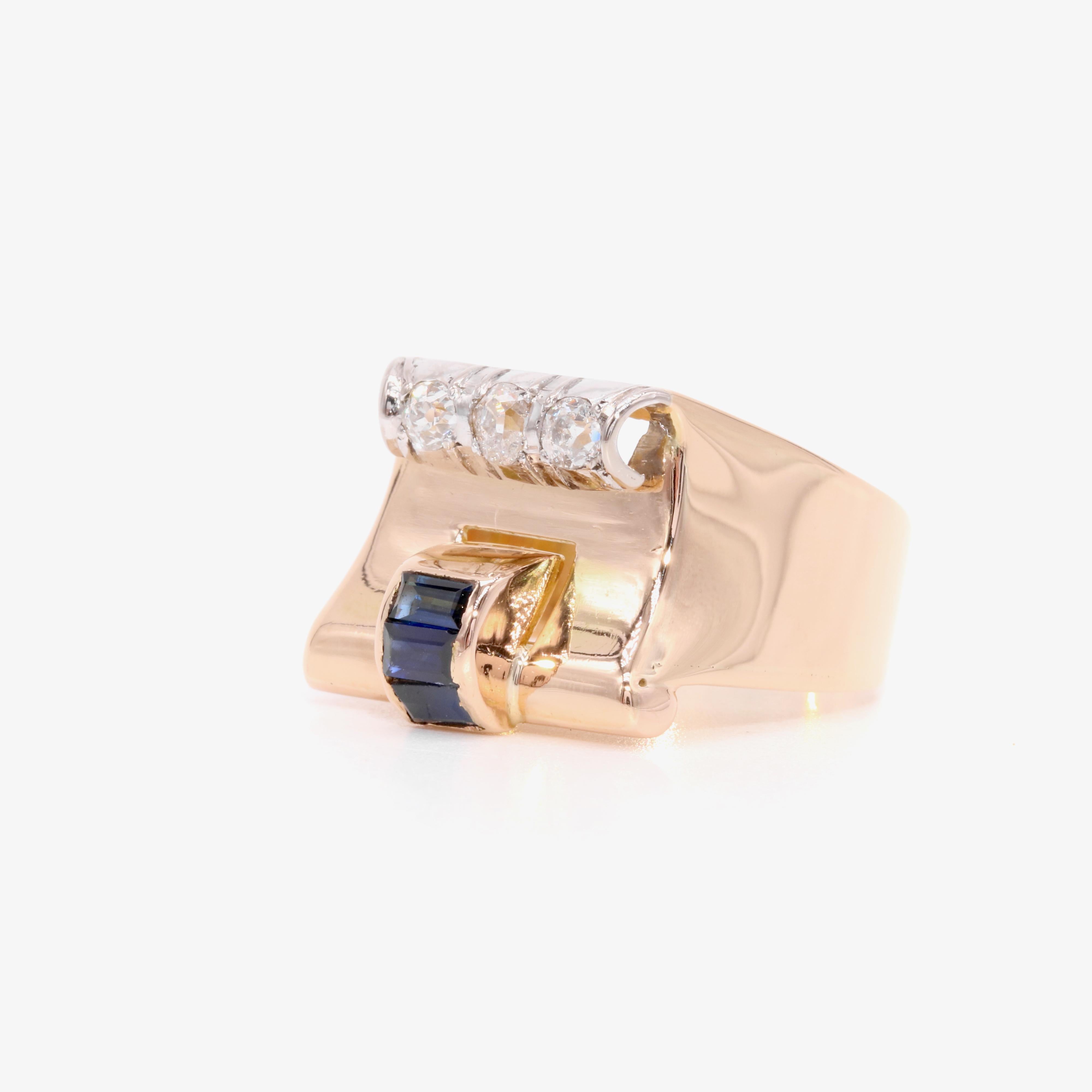 Art Deco 1940er Jahre Ring aus 18 Karat Gelbgold und Platin mit Saphiren und Diamanten im Zustand „Gut“ im Angebot in Staines-Upon-Thames, GB