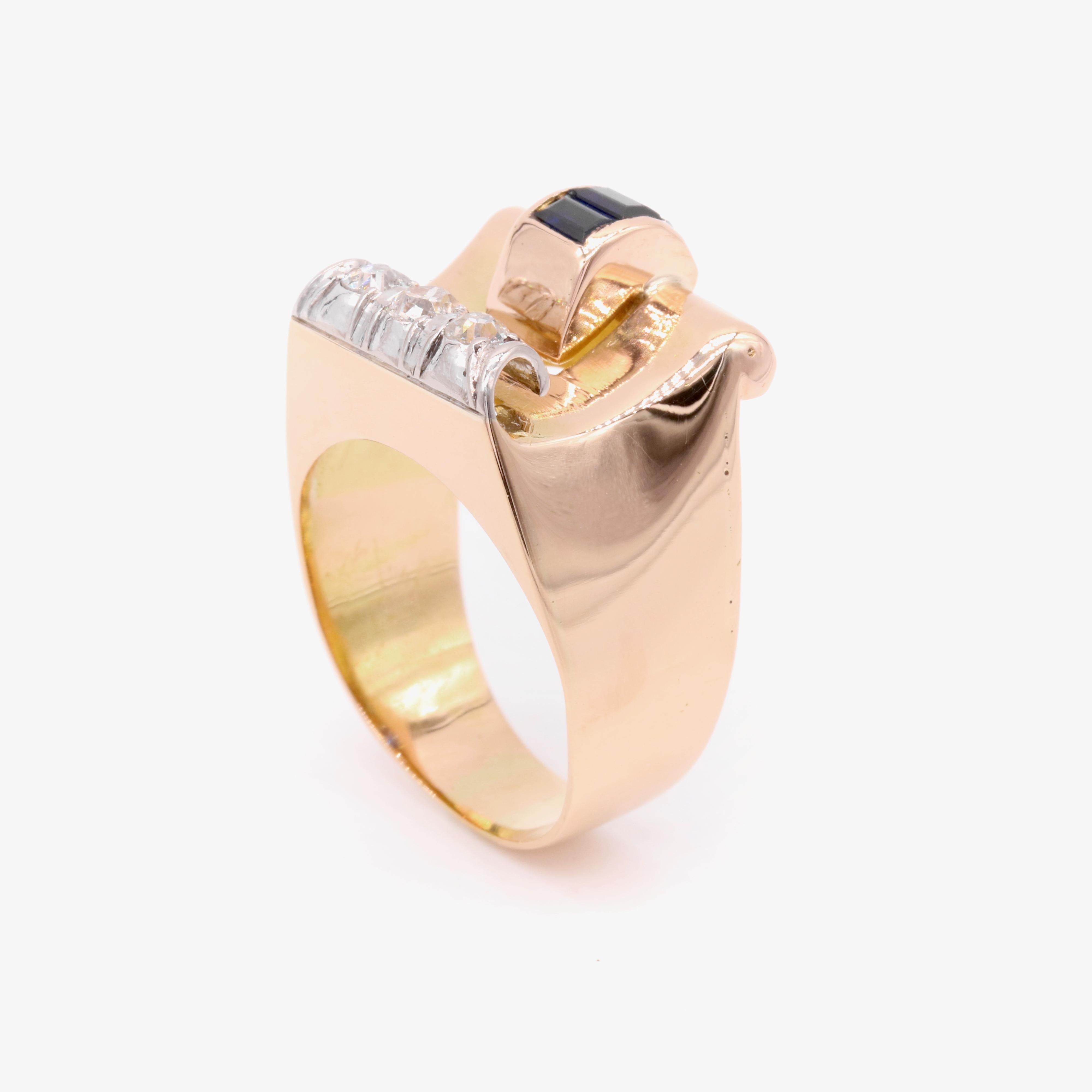 Art Deco 1940er Jahre Ring aus 18 Karat Gelbgold und Platin mit Saphiren und Diamanten im Angebot 3