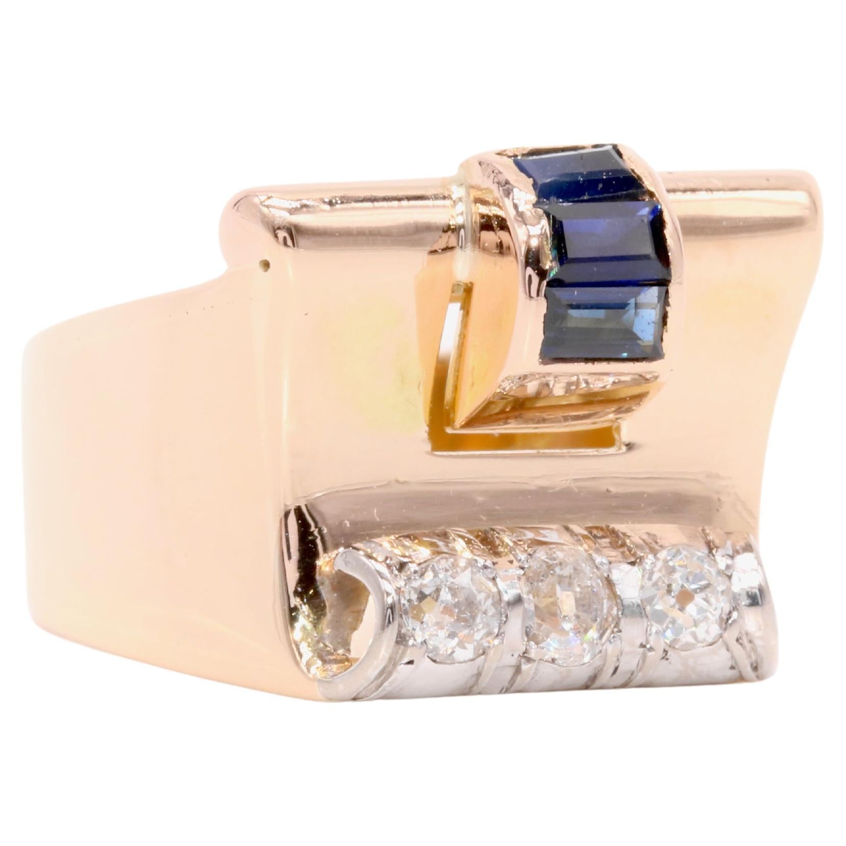 Art Deco 1940er Jahre Ring aus 18 Karat Gelbgold und Platin mit Saphiren und Diamanten