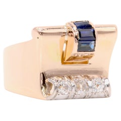Art Deco 1940s 18K Yellow Gold and Platinum Sapphire and Diamond Ring