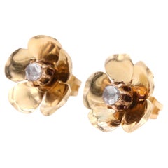 Art Deco 1940s 18K Yellow Gold Rose Cut Diamond Flower Earrings