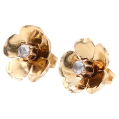 Art Deco 1940s 18K Yellow Gold Rose Cut Diamond Flower Earrings