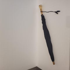 Art Deco 1940s Black Wooden Umbrella with Dog Head Handle, France