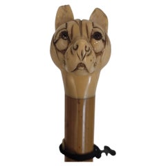 Art Deco 1940s Black Wooden Umbrella with Dog Head Handle, France