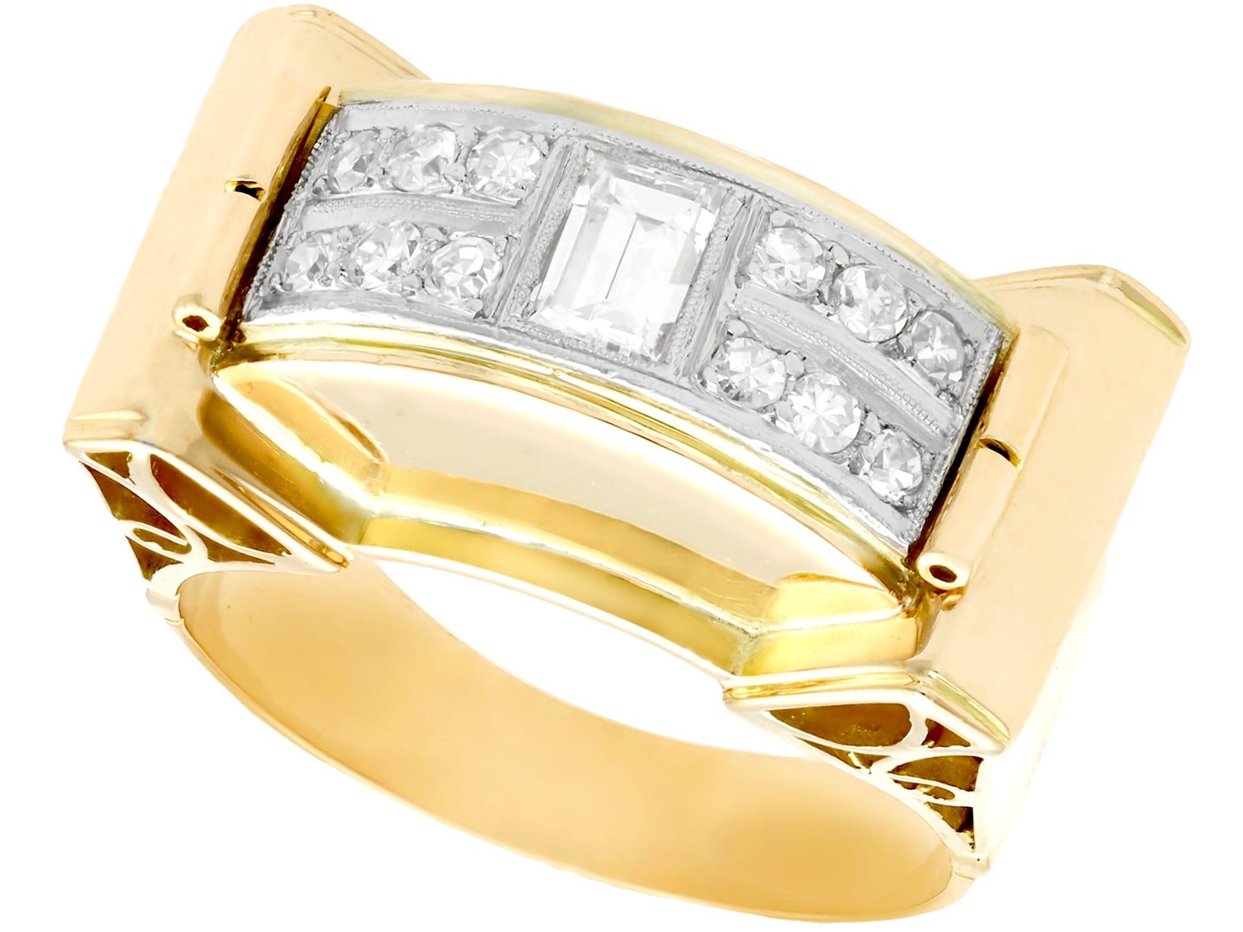 An impressive vintage Art Deco 0.98 carat diamond and 18 karat yellow gold, 18 karat white gold set dress ring; part of our diverse diamond jewelry and estate jewelry collections

This fine and impressive Art Deco diamond band ring has been crafted